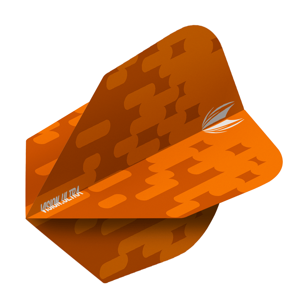 TG61_333810_Target_Vision_Ultra_Orange_Ten-X_Flights_2 Das Bild zeigt das Produkt "Target Vision Ultra Orange Ten-X Flights". Es handelt sich um einen orangenen Dartflight mit einem modernen Muster und weißem Logo.