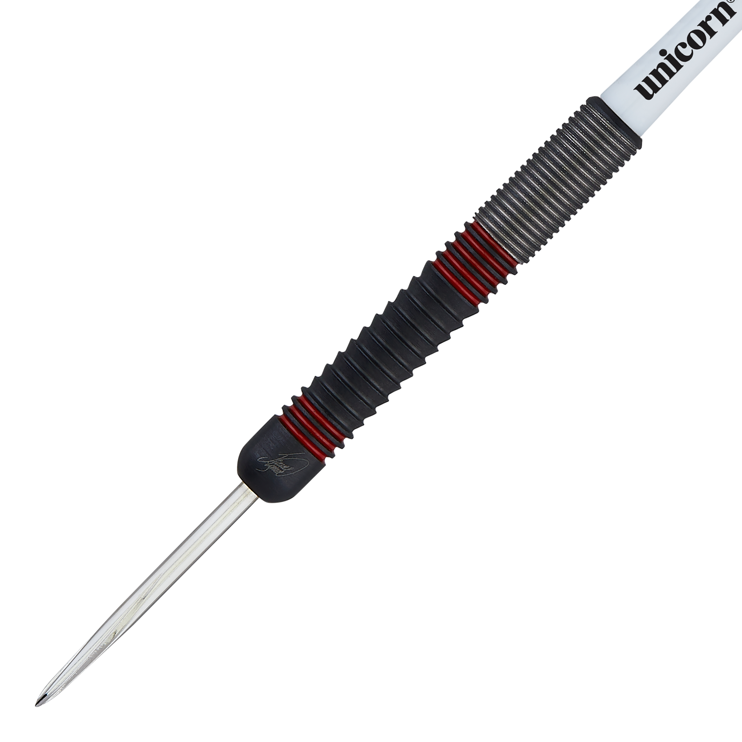 Unicorn The Machine James Wade 80% stalowe rzutki Auf dem Bild ist ein Steeldart der Marke Unicorn, Modell "The Machine James Wade 80%", zu sehen. Der Dart hat ein geriffeltes schwarzes Griffstück mit roten Akzenten und einer silbernen Spitze.