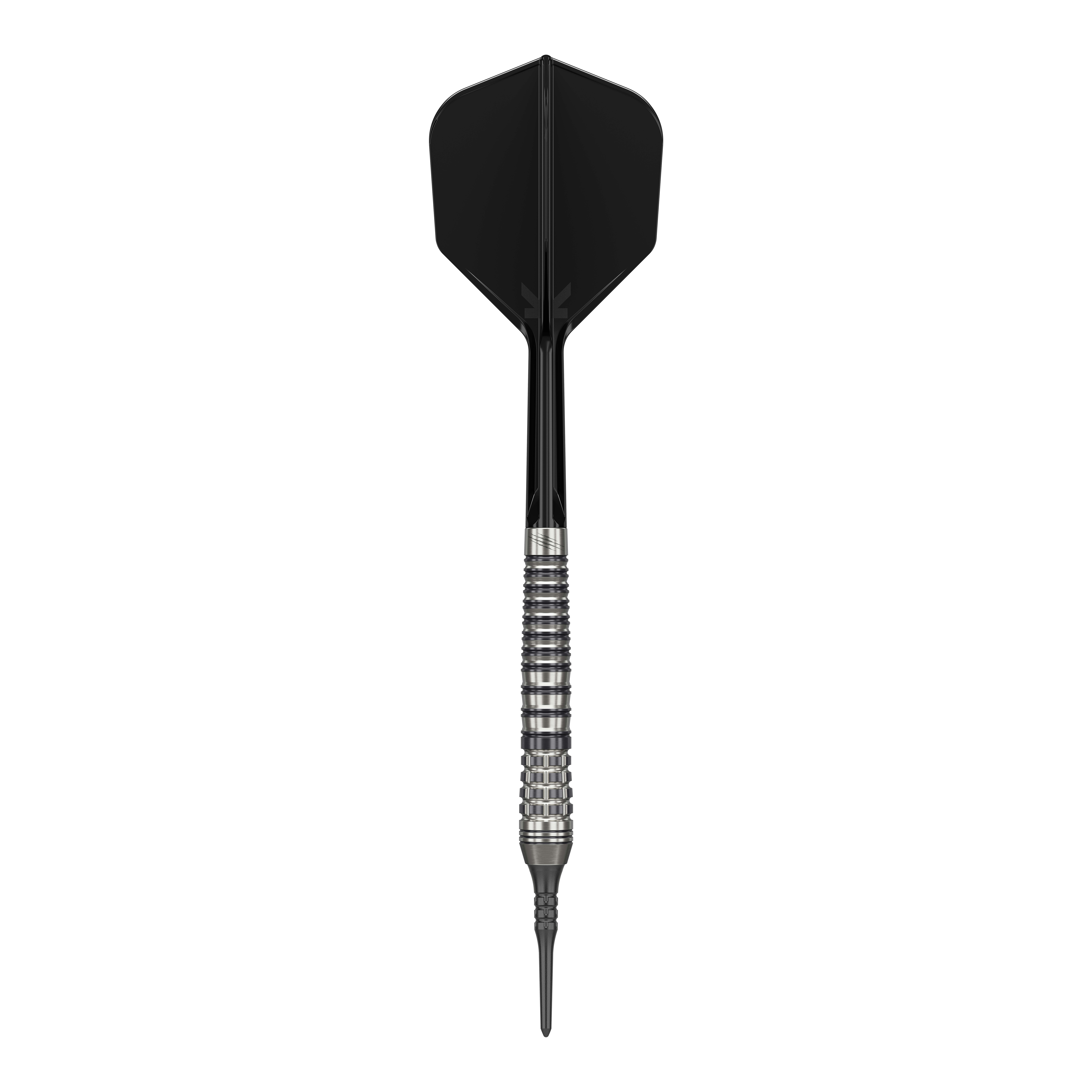 Target Japan Black Marque Renegade 4 Softdarts - 19g Das Bild zeigt einen schwarzen Softdart namens "Target Japan Black Marque Renegade 4" mit einem Gewicht von 19g. Der Dart hat ein elegantes Design mit einem strukturierten Griff und schwarzer Spitze sowie schwarzem Flight.