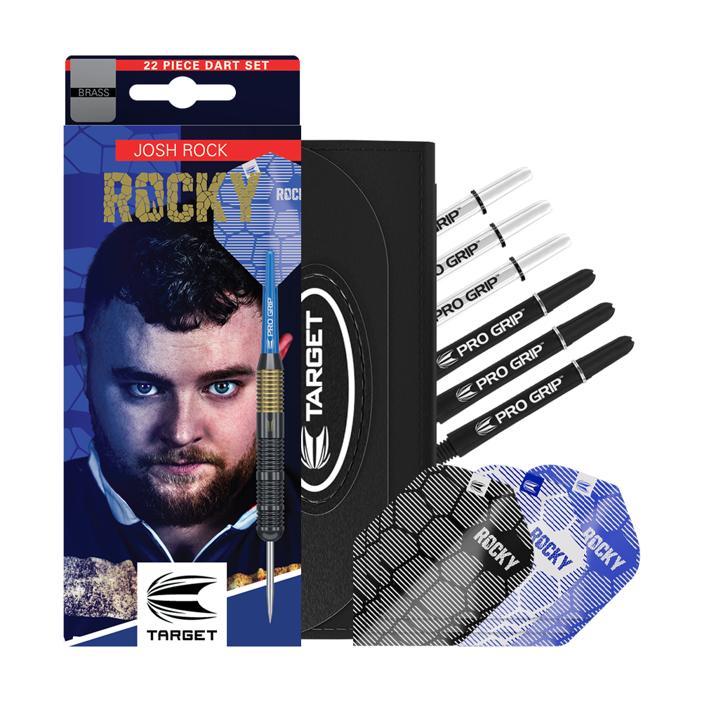 Lotki Target Josh Rock Brass Steel Darts - 22g Das Bild zeigt das Produkt "Target Josh Rock Brass Steeldarts - 22g" mit Verpackung, Dartpfeilen und Zubehör. Das Set enthält mehrere Flights und Schäfte sowie ein Etui.