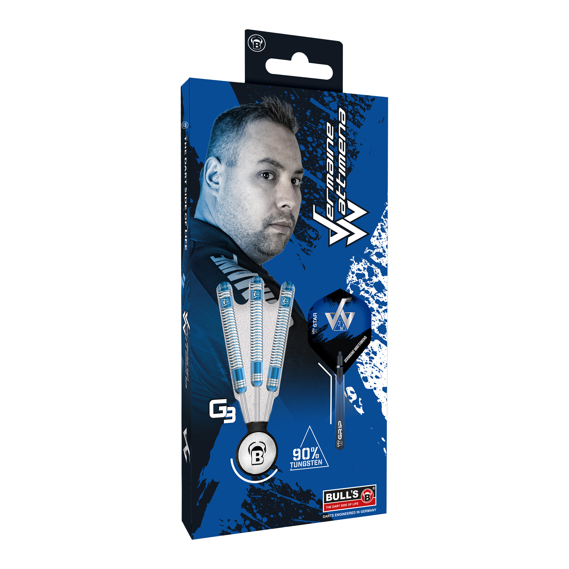 Bulls Jermaine Wattimena Generacja 3 stalowe lotki Die Verpackung zeigt die Bulls Jermaine Wattimena Generation 3 Steeldarts mit 90% Tungsten. Auf der Vorderseite ist ein Bild von Jermaine Wattimena und die drei Darts abgebildet.