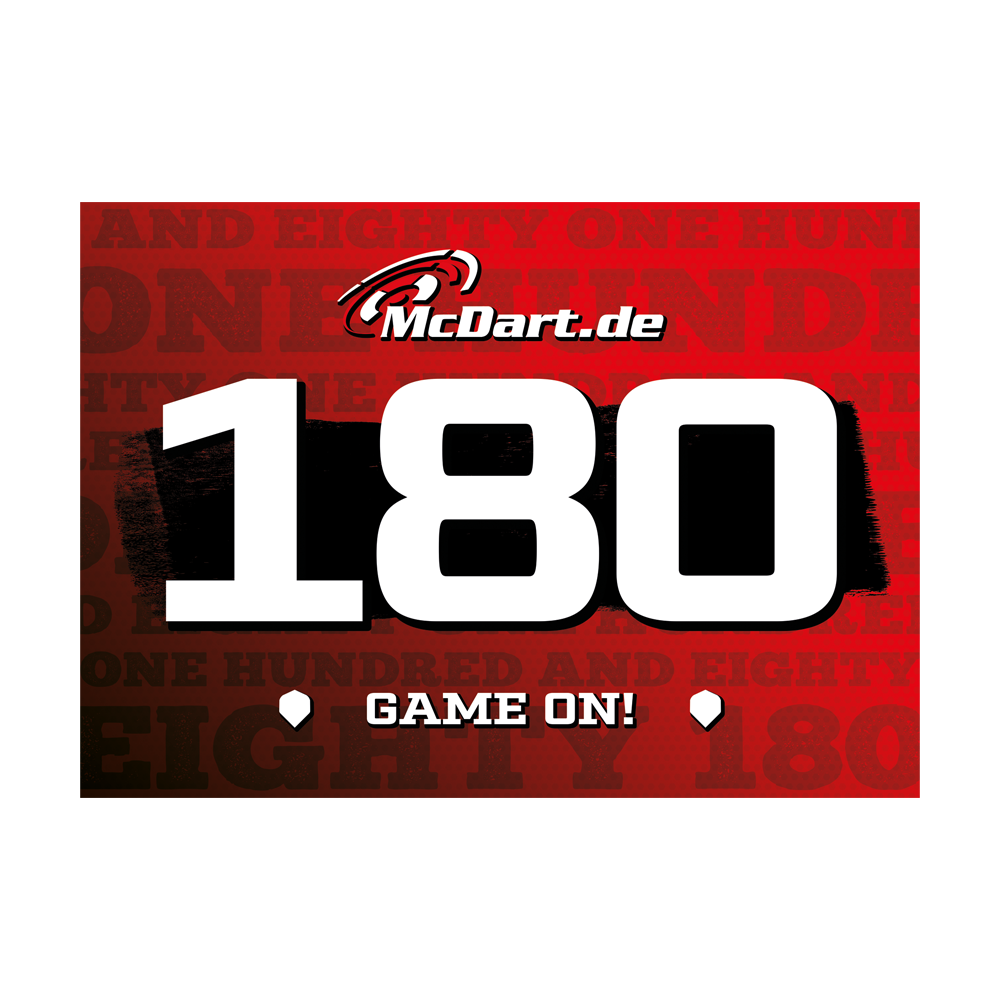 698_McDart_180er_Schilder_10_Stk_2 Das Bild zeigt ein rotes Schild mit der großen, weißen Zahl "180" in der Mitte. Oben steht "McDart.de" und unten der Schriftzug "GAME ON!".