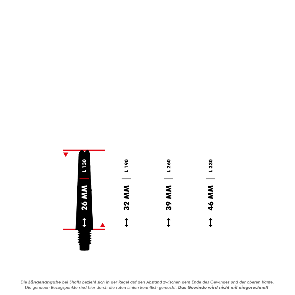 Das Bild zeigt vier verschiedene Längen von Dartshafts mit den Abmessungen 26 mm, 32 mm, 39 mm und 46 mm. Die rote Linie markiert, dass die Längenangabe ohne das Gewinde gemessen wird.
