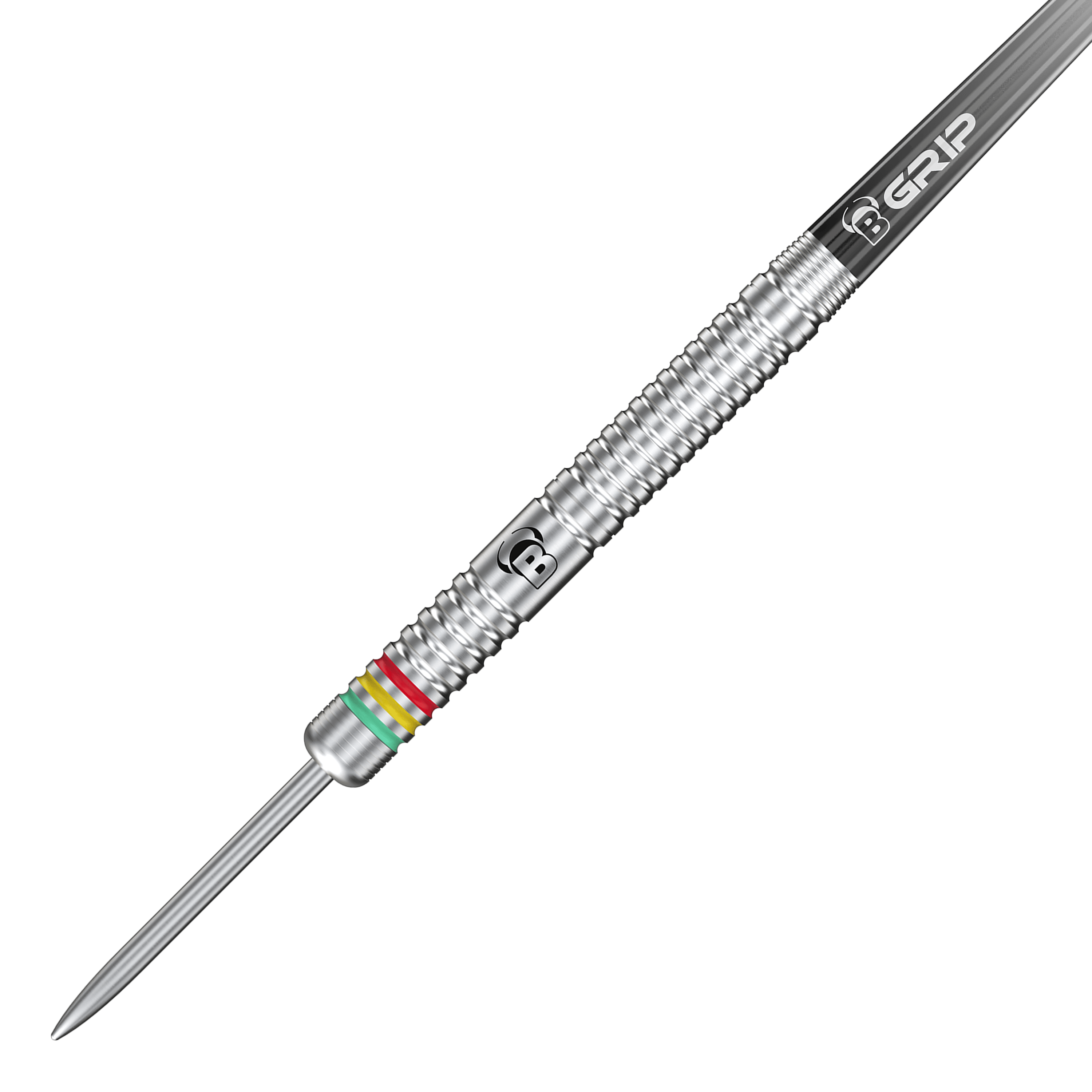 Rzutki Bulls Martijn Dragt Steel - 24g Das Bild zeigt einen silbernen Steeldart mit Rillen und bunten Ringen nahe der Spitze. Auf dem Dart steht "B GRIP" und es handelt sich um das Modell "Bulls Martijn Dragt Steeldarts - 24g".