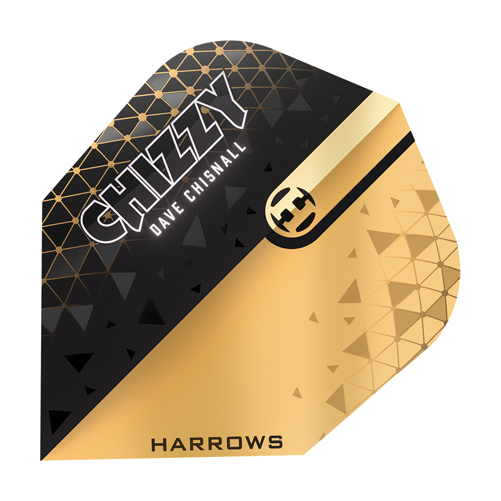 Harrows Prime Dave Chisnall Chizzy 2 nr 6 Loty Das Bild zeigt ein Dartflight-Design in Schwarz und Gold mit geometrischen Mustern. Auf dem Flight stehen die Namen "CHIZZY", "Dave Chisnall" und "HARROWS".
