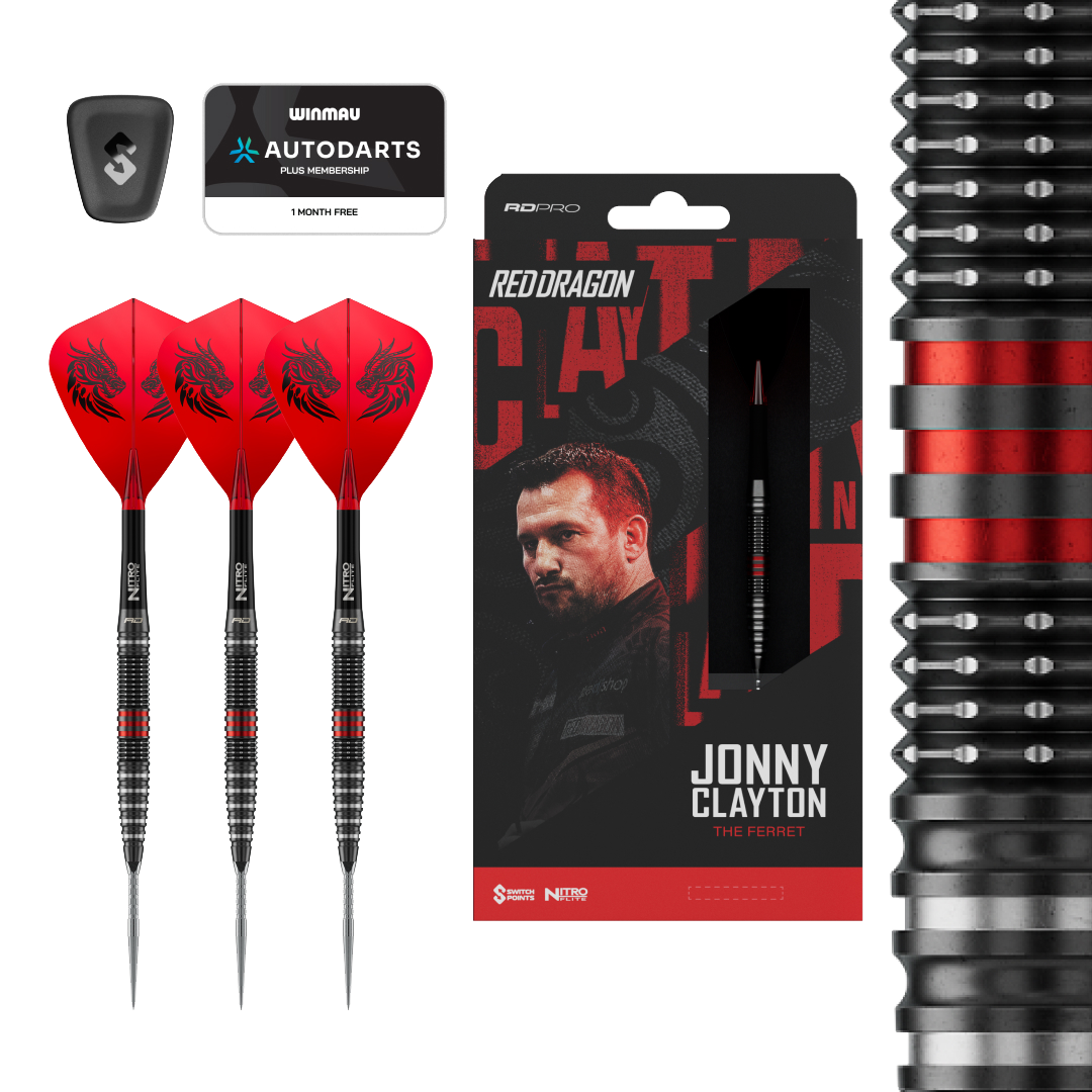 Rzutki stalowe Red Dragon Jonny Clayton RD-PRO Switch Point Dieses Bild zeigt die Red Dragon Jonny Clayton RD-PRO Switch Point Steeldarts. Die Darts liegen auf einem hellen Hintergrund.