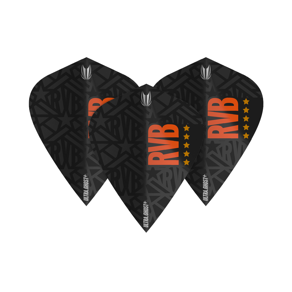 Targetuj w loty latawcem UltraGhost Raymond Van Barneveld GEN2 Das Bild zeigt drei schwarze Dartflights mit dem Schriftzug "RVB" in orange und einem Muster im Hintergrund. Die Flights tragen zusätzlich die Aufschrift "ULTRA GHOST+" und sind mit fünf Sternen versehen.