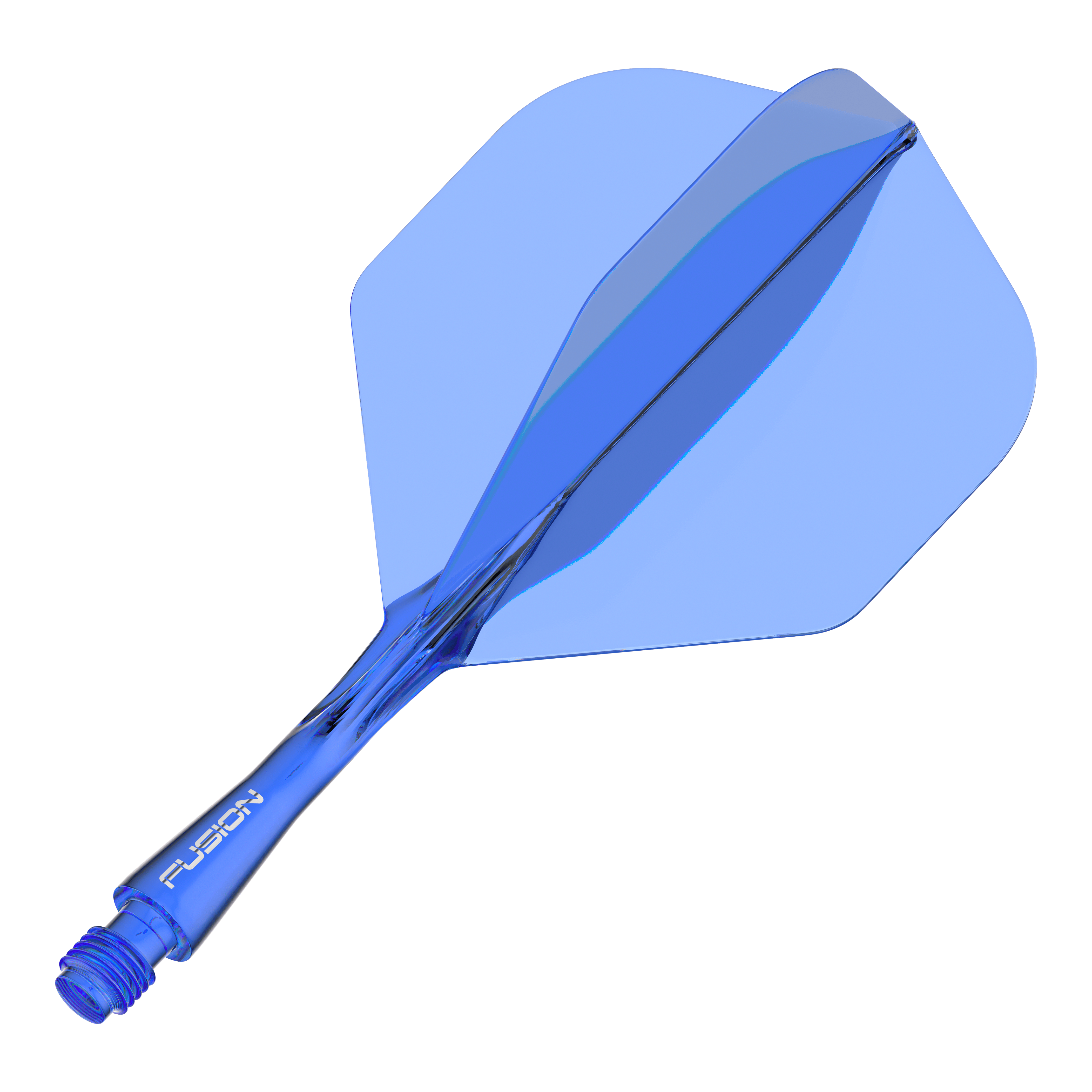 System wałów lotniczych Winmau Fusion Standard Blue Das Bild zeigt ein blaues Dart-Flightsystem mit integriertem Schaft. Auf dem Schaft steht das Wort "FUSION".