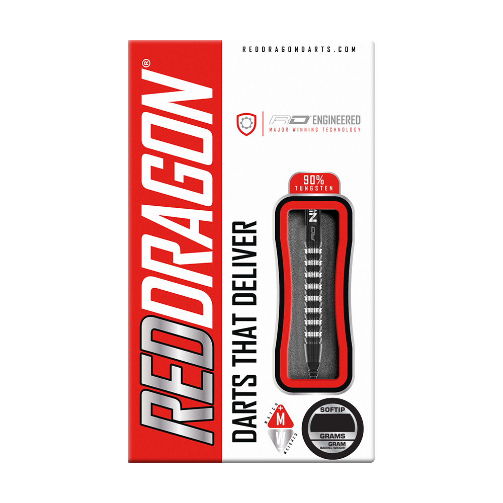 Auf dem Bild ist die Verpackung der "Red Dragon Razor Edge Elite Softdarts - 20g" zu sehen. Die Verpackung ist rot-weiß gestaltet und zeigt einen Softdart mit dem Hinweis auf 90% Tungsten.