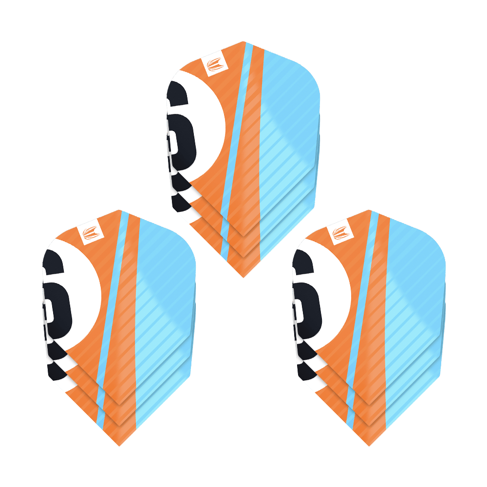 337214_Target_ProUltra_3Sets_Chicane_Orange_No6_Flights_1cAfEplAag8FJ3 Das Bild zeigt drei Sätze der Target Pro Ultra Chicane Orange No6 Flights. Die Flights sind orange und blau mit einer großen schwarzen Zahl 6.
