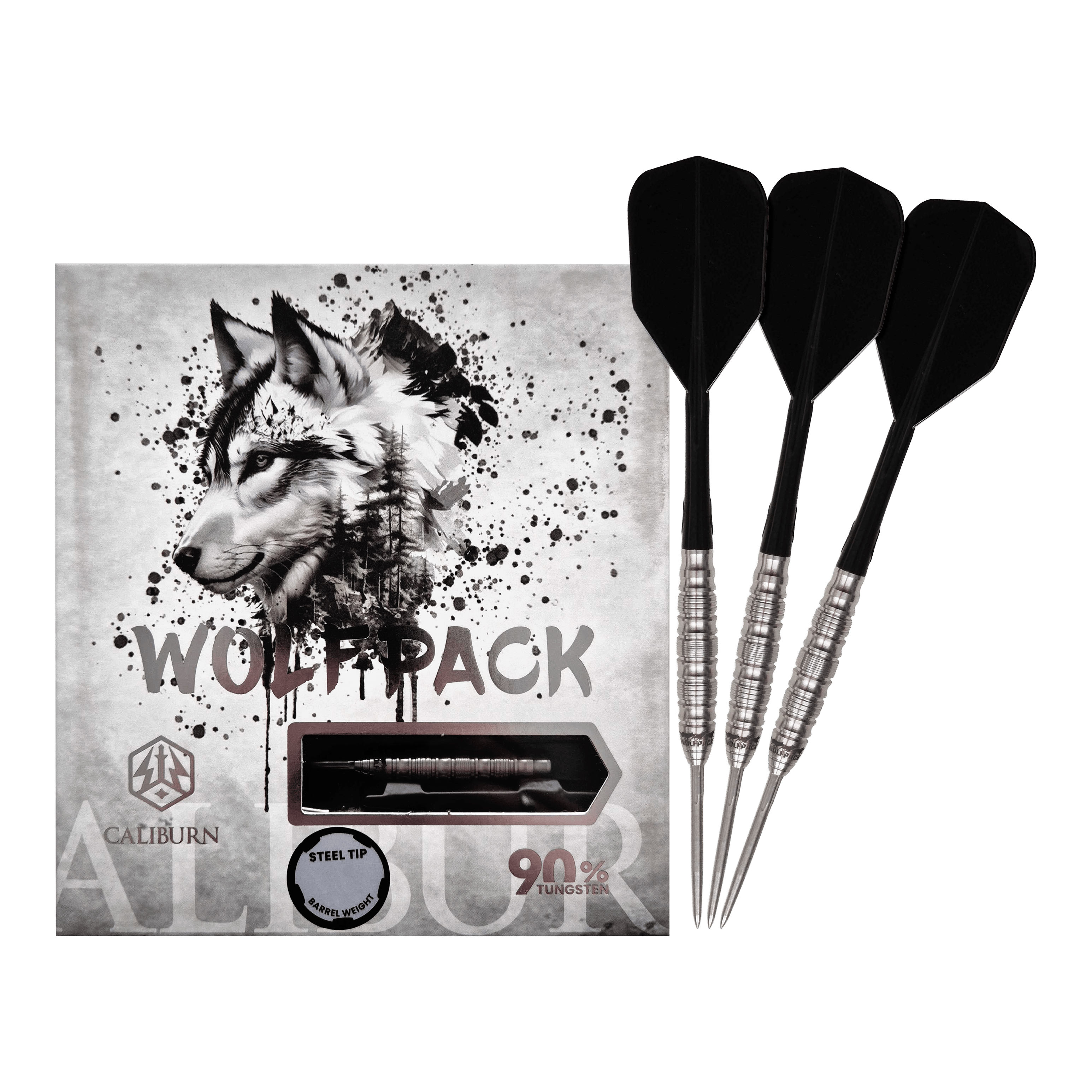 Dieses Bild zeigt die Caliburn Wolfpack W5 Steeldarts - 22g. Die Steeldarts sind für das klassische Dartspiel geeignet.