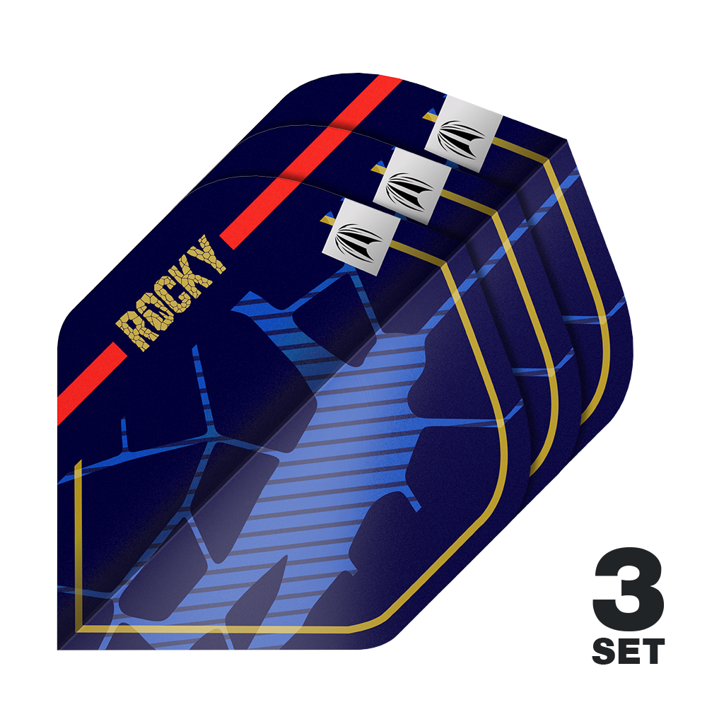 Target Pro Ultra Josh Rock GEN1 No2 Standard Flights - 3 zestawy Das Bild zeigt drei Sätze dunkler Dartflights mit dem Schriftzug "ROCKY" und einem auffälligen blauen Muster. In der rechten unteren Ecke steht die Aufschrift "3 SET".