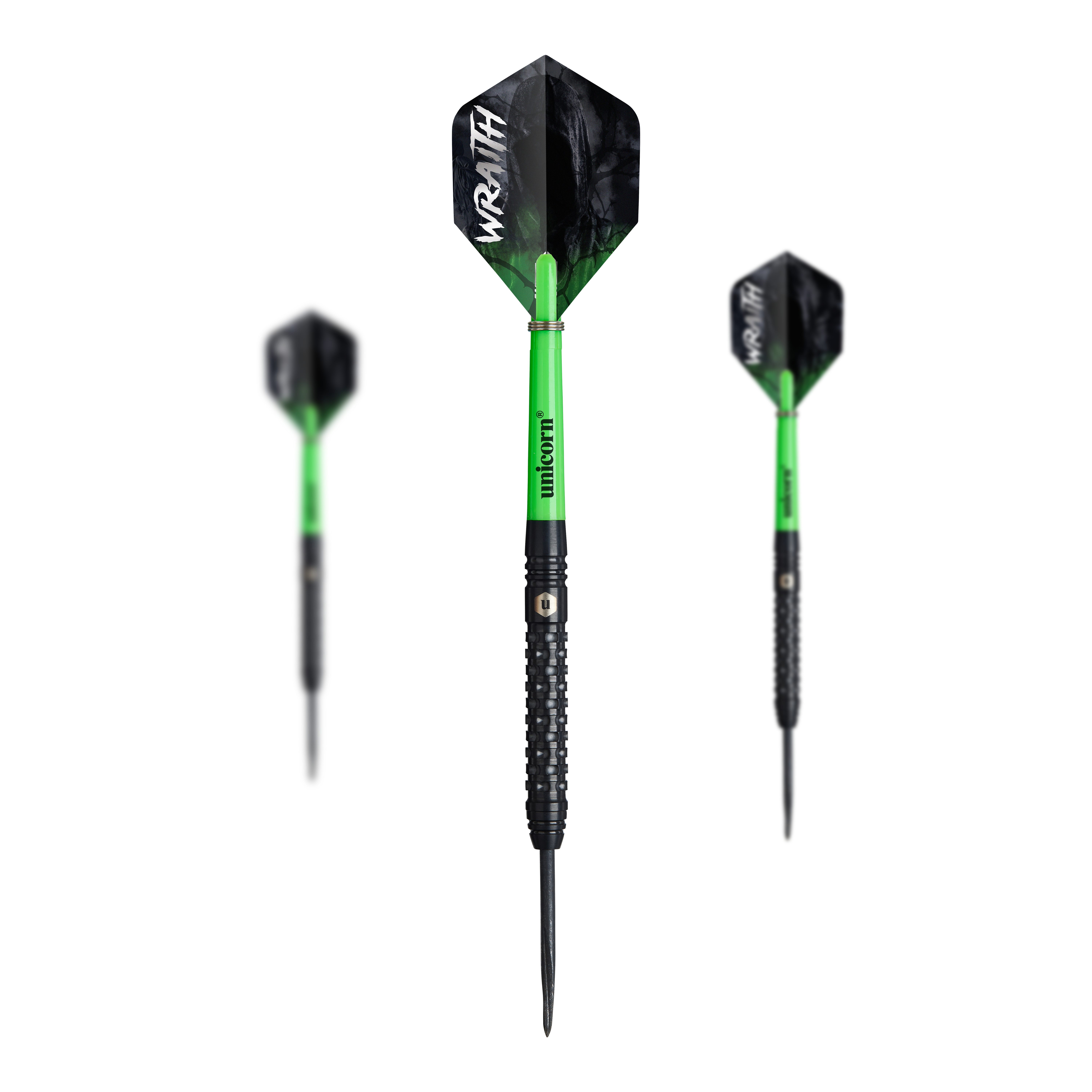 Stalowe lotki Unicorn Wraith Auf dem Bild sind drei Unicorn Wraith Steeldarts zu sehen. Die Darts haben schwarze Spitzen, grüne Schäfte und schwarze Flights mit der Aufschrift "WRAITH".