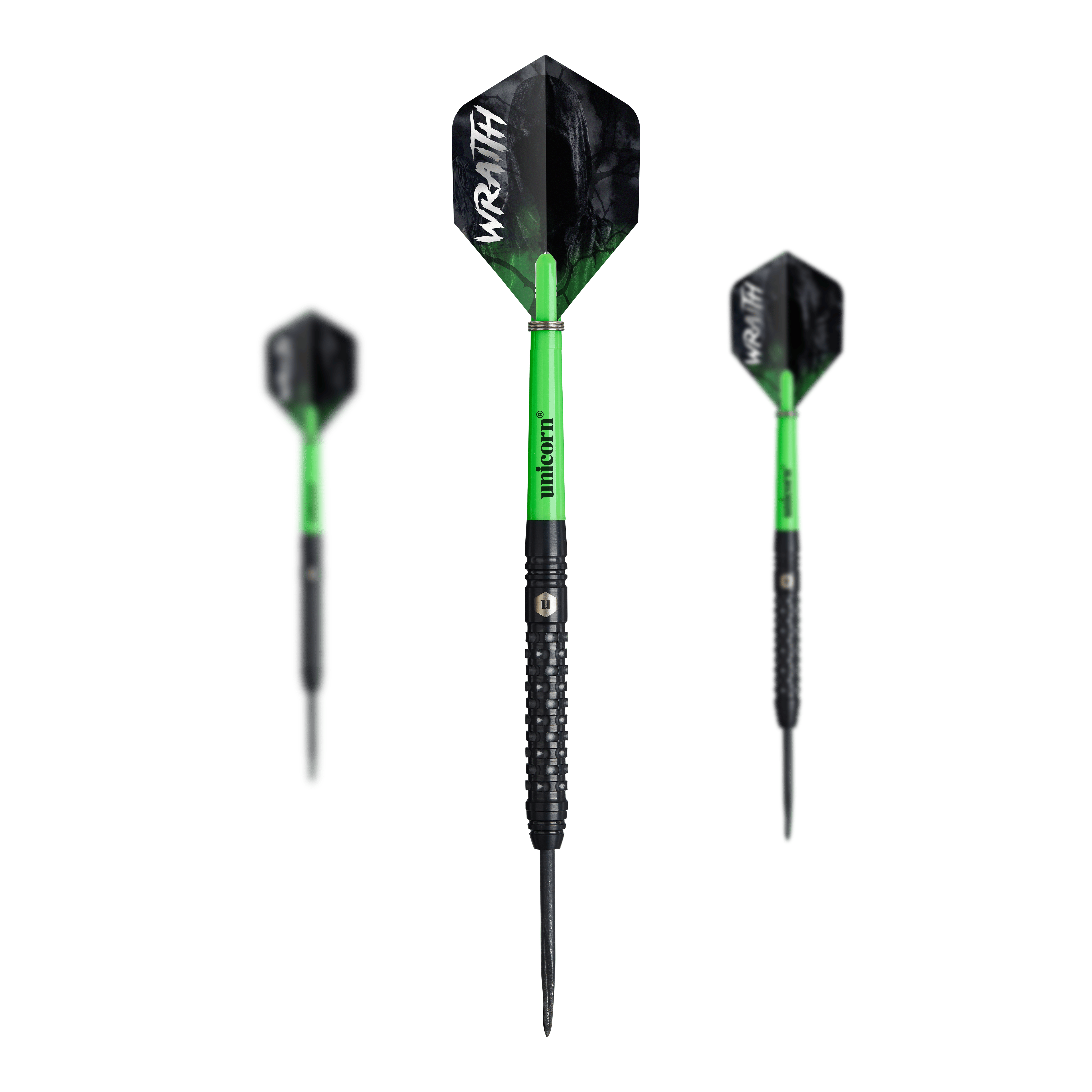 Stalowe lotki Unicorn Wraith Das Set Unicorn Wraith Steeldarts ist zusammen abgebildet. Das Produkt wirkt hochwertig.
