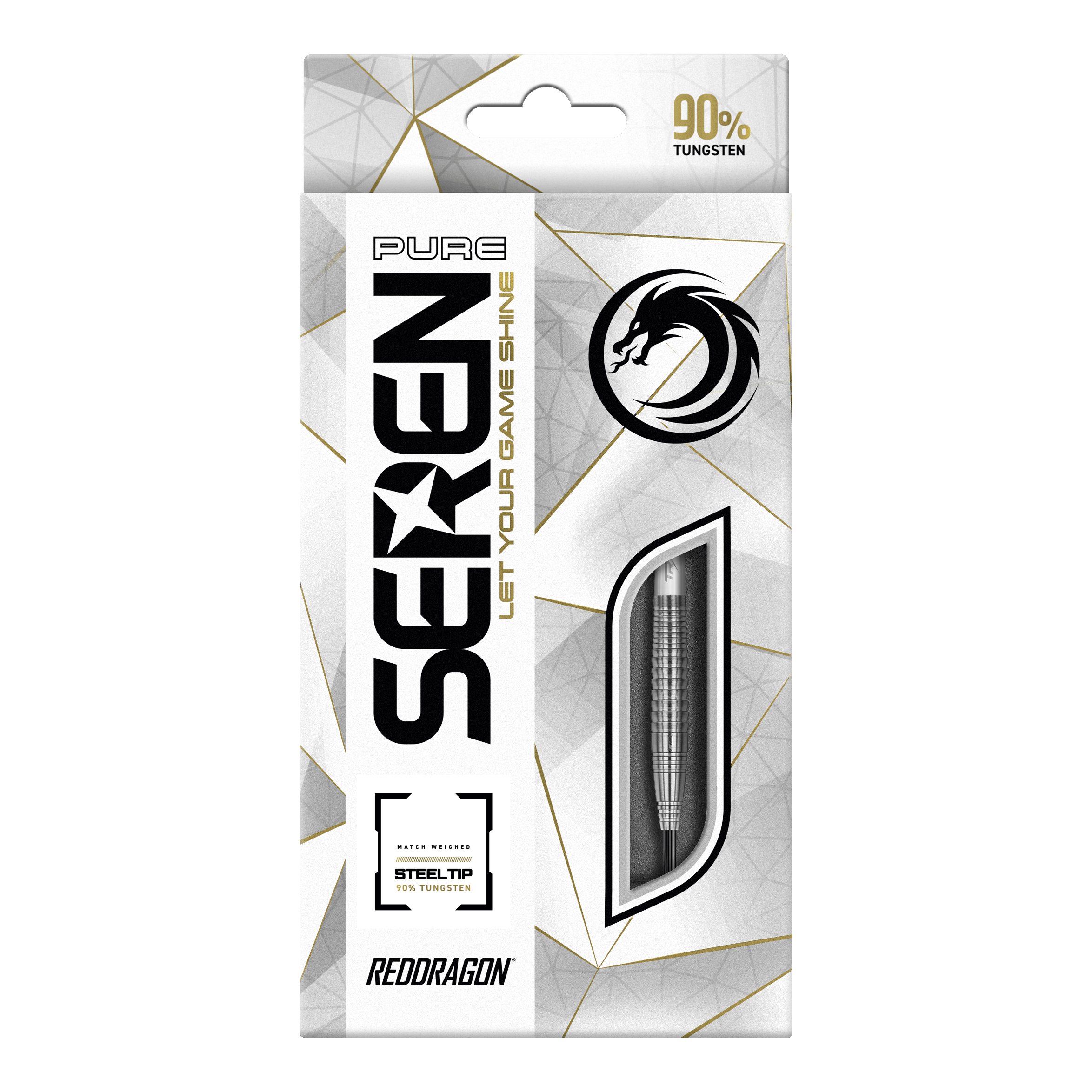 Red Dragon Seren 4 Czyste Stalowe Strzałki Die Verpackung zeigt die „Red Dragon Seren 4 Pure Steeldarts“. Die Darts bestehen zu 90 % aus Tungsten und haben eine Stahlspitze.