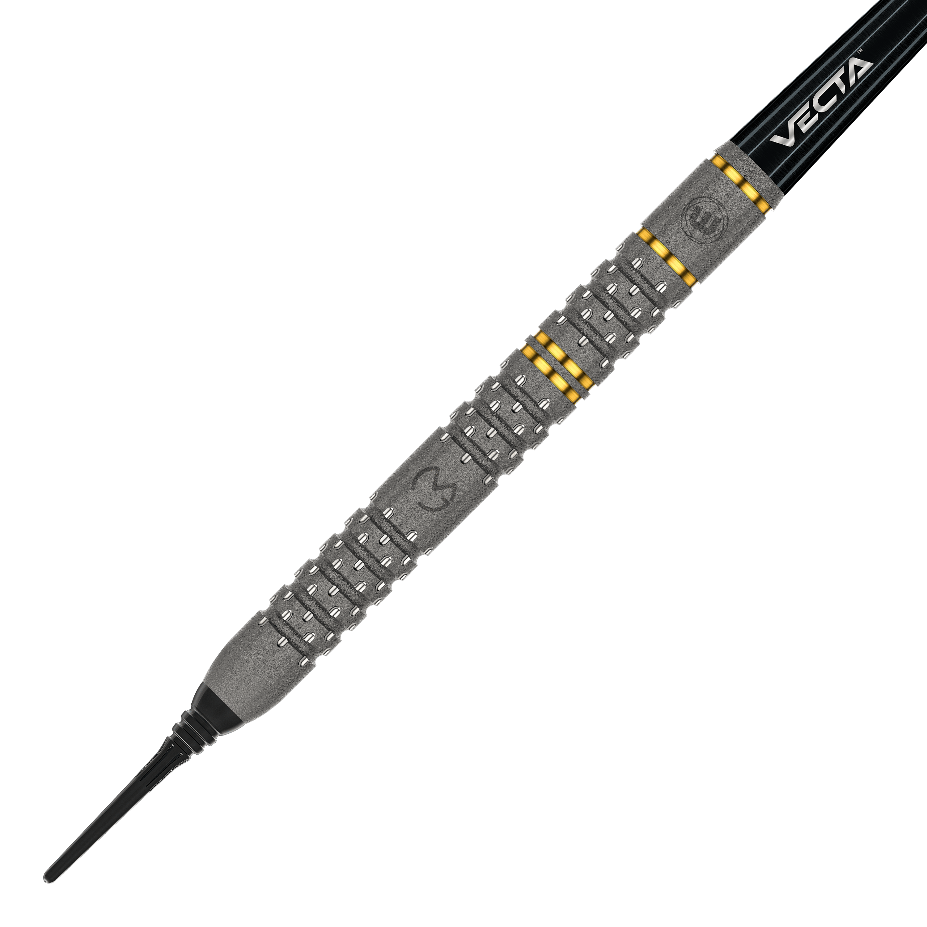 Miękkie rzutki Winmau Michael Van Gerwen Evo-X - 20g Das Bild zeigt einen Winmau Michael Van Gerwen Evo-X Softdart mit einem Gewicht von 20 Gramm. Der Dart hat ein markantes Design mit silbernen und goldenen Akzenten sowie der Aufschrift "VECTA".
