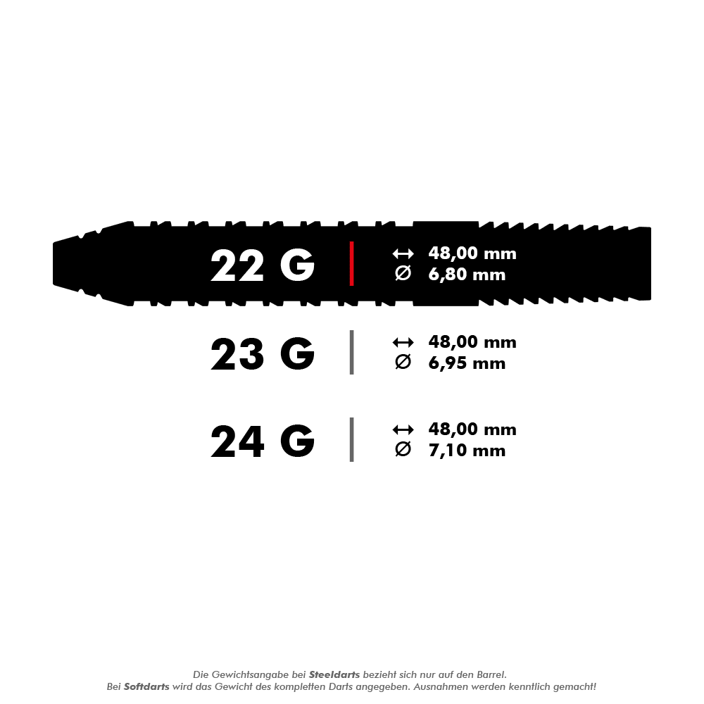 Stalowe lotki Target Bolide Void 02 Swiss Point Das Bild zeigt die technischen Daten von Steeldarts mit den Gewichten 22 g, 23 g und 24 g. Für jedes Gewicht werden die Länge von 48,00 mm und unterschiedliche Durchmesser angegeben.