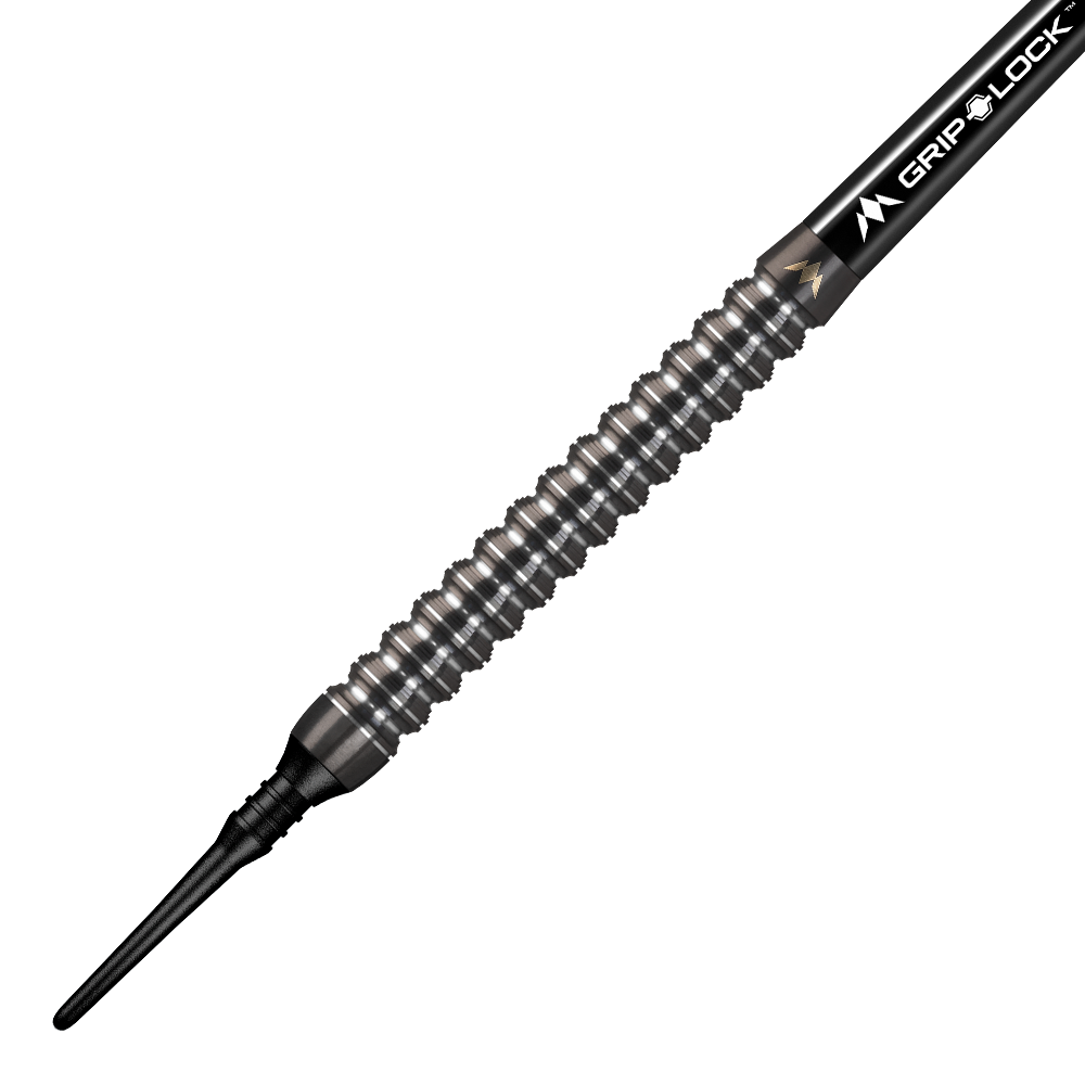Das Bild zeigt einen Mission Spiro Model 1 Softdart mit einem Gewicht von 20g. Der Dart hat einen silbernen geriffelten Schaft und eine schwarze Spitze.
