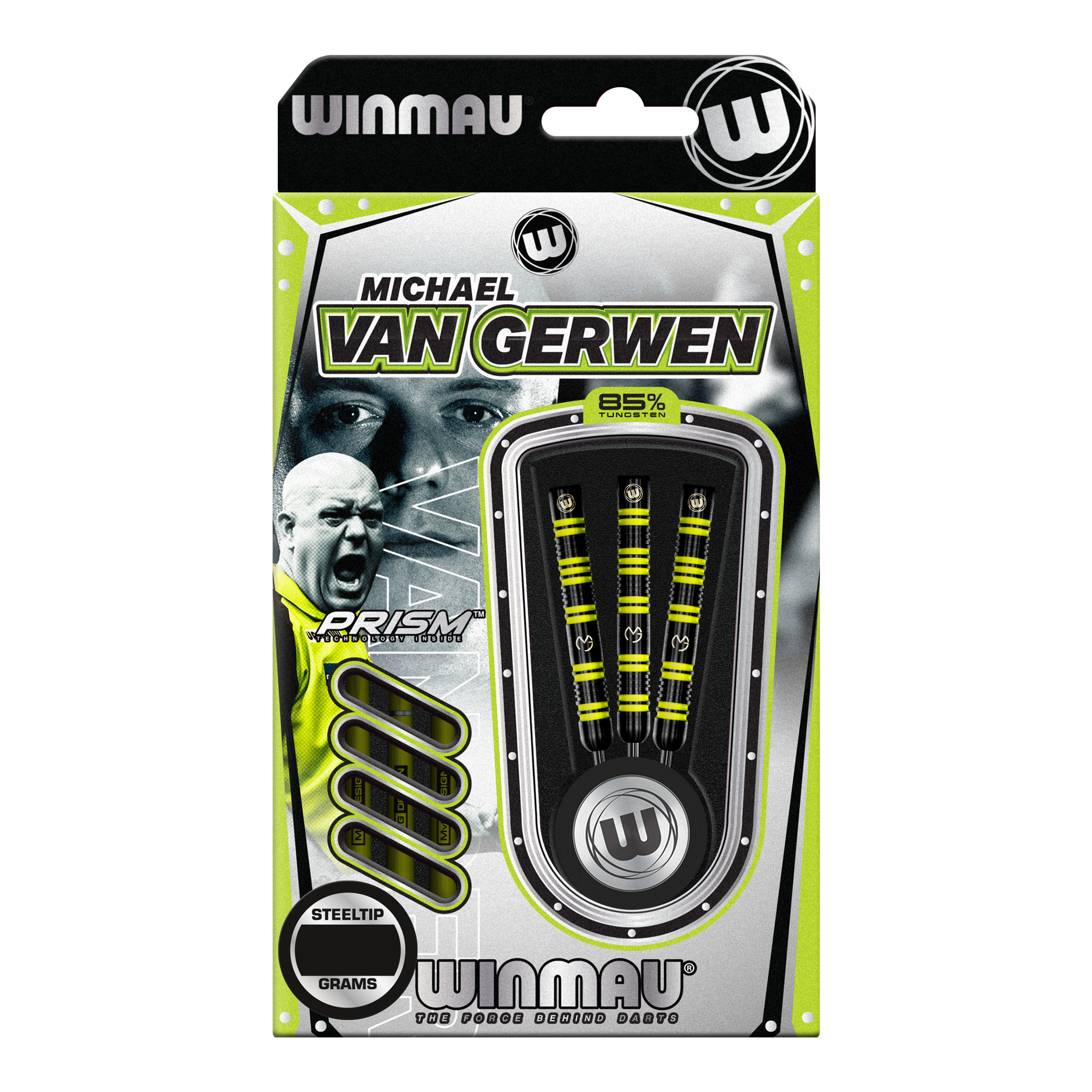 Stalowe rzutki Winmau Michael Van Gerwen 85 Pro-Series Das Bild zeigt eine Packung Winmau Michael Van Gerwen 85 Pro-Series Steeldarts. In der Verpackung sind drei Dartpfeile mit gelb-schwarzem Design sichtbar.