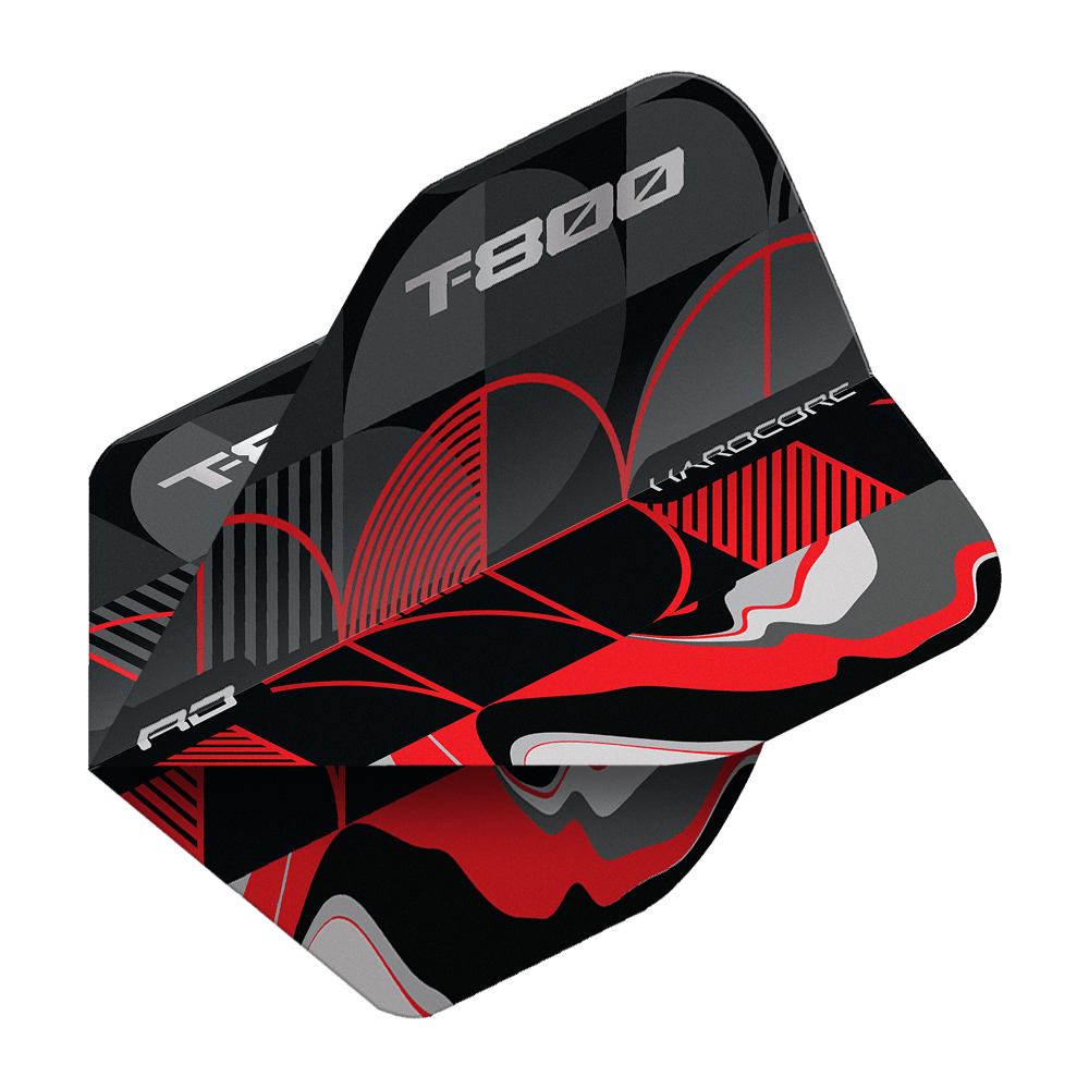 Red Dragon Hardcore T-800 No2 Standard Flights Das Bild zeigt das Produkt "Red Dragon Hardcore T-800 No2 Standard Flights". Die Flights sind schwarz, rot und grau gemustert und tragen die Aufschrift "T-800" und "Hardcore".