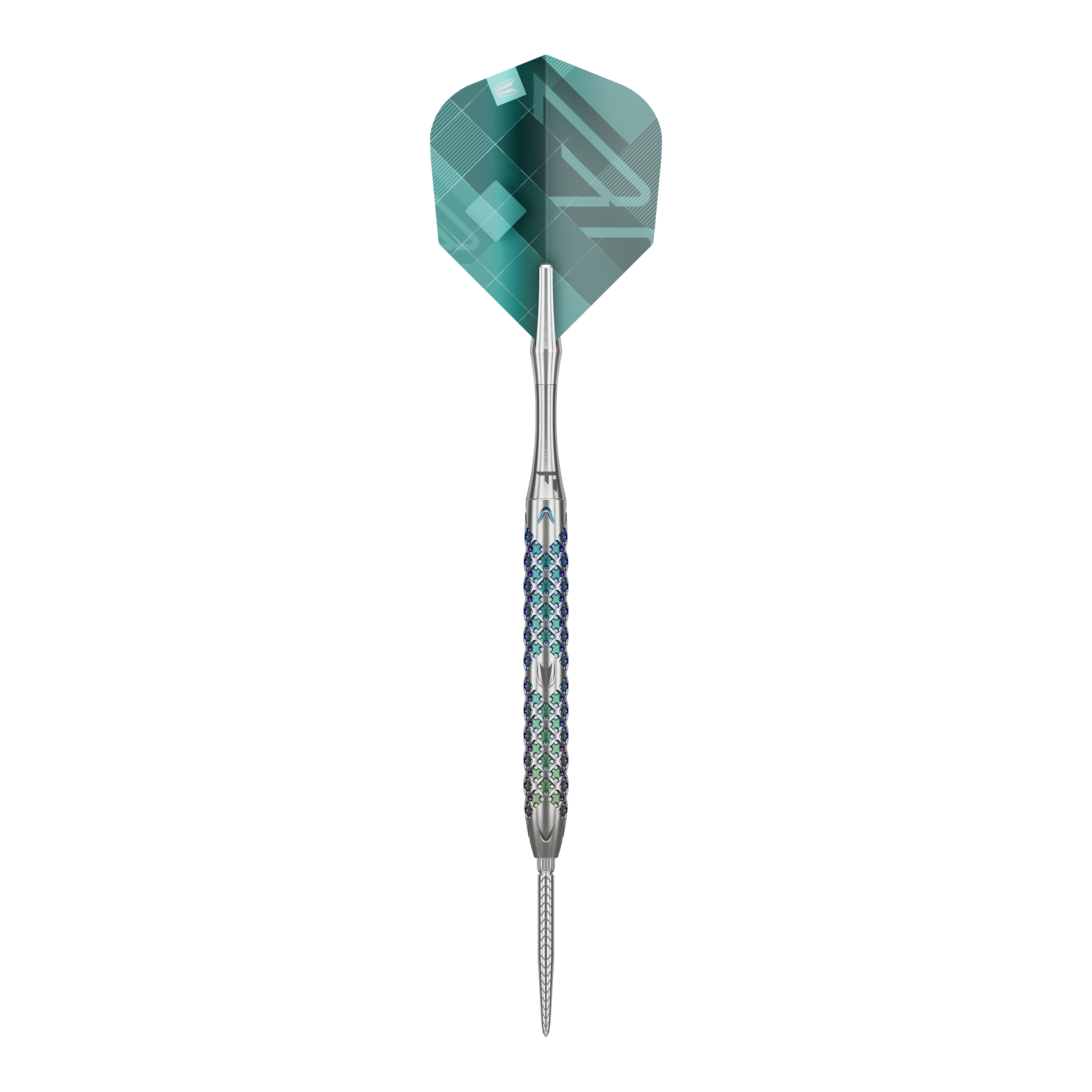 Stalowe lotki Target Rove 01 Swiss Point Das Bild zeigt den Target Rove 01 Swiss Point Steeldart. Der Dart hat ein silbernes Barrel mit einem blauen Muster und grüne Flights.