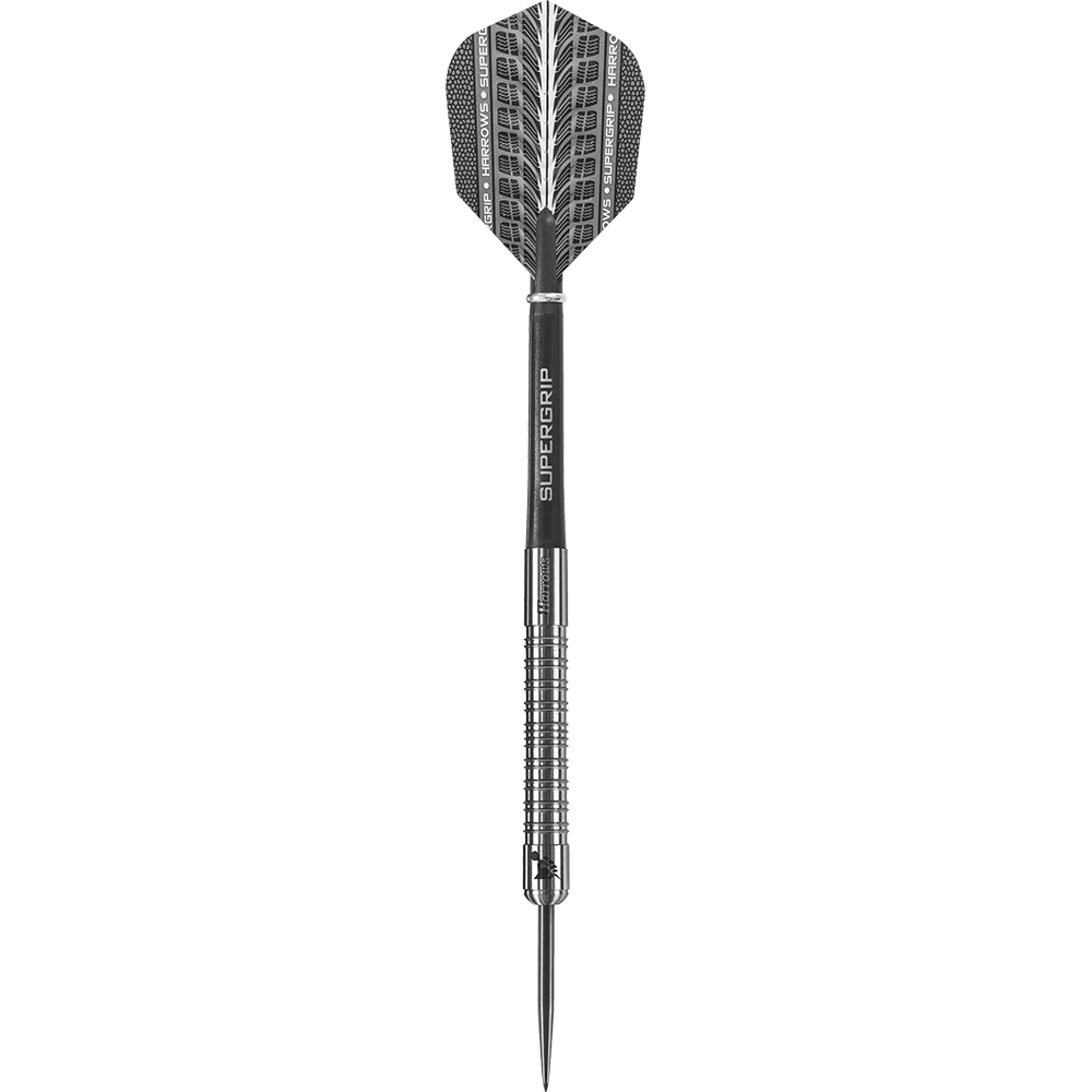 HA11650-Harrows-Supergrip-90-Tungsten-Steeldarts-1DPKYibhoAu83u Das Bild zeigt einen Harrows Supergrip 90% Tungsten Steeldart. Der Dartpfeil hat eine silberne Spitze, einen geriffelten Schaft und ein schwarzes Flight mit der Aufschrift "Supergrip".