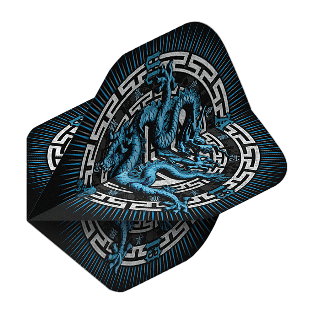 Alchemia Rok Smoka Nr 2 Standardowe Loty Dieses Bild zeigt die "Alchemy Year Of The Dragon No2 Standard Flights". Auf den Flights ist ein blauer Drache mit asiatischem Muster auf schwarzem Hintergrund abgebildet.