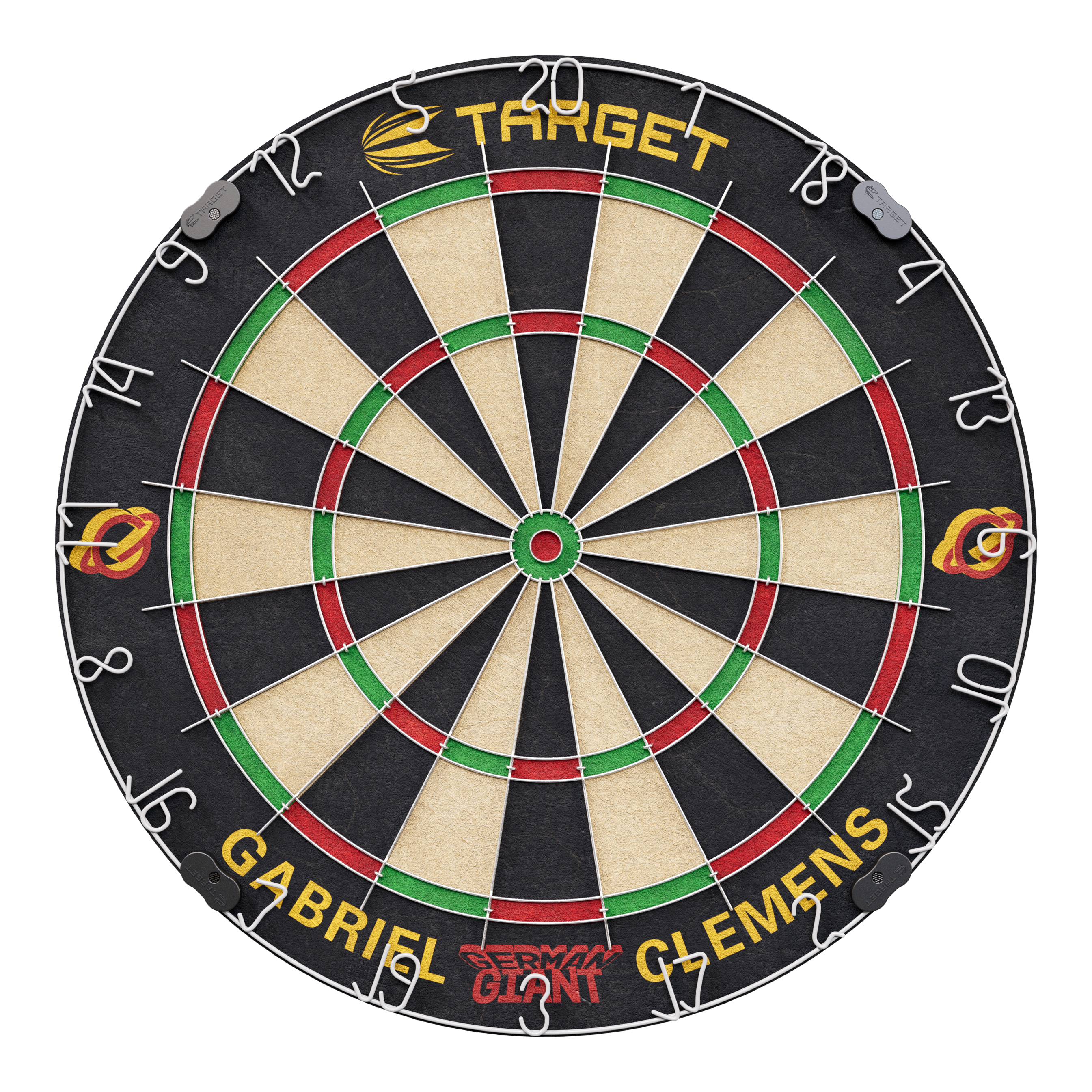 Zestaw tarcz do darta ze stali Target Gabriel Clemens Dies ist eine Steeldartscheibe mit dem Namen "Target Gabriel Clemens Steeldartboard Set". Auf der unteren Seite sind die Wörter "Gabriel Clemens" und "German Giant" zu sehen.