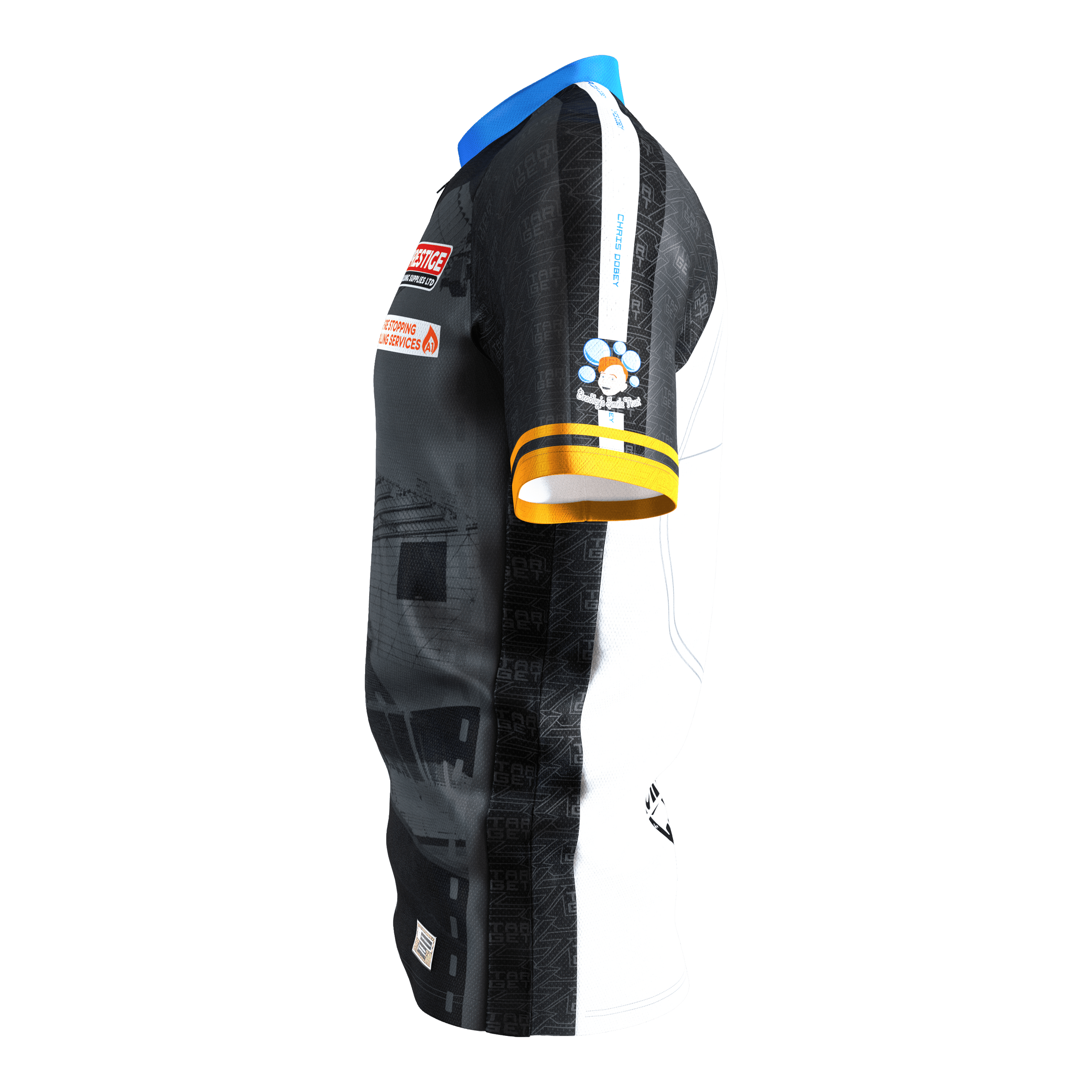 Koszulka do darta Target Coolplay Chris Dobey 2025 Das Bild zeigt das "Target Coolplay Chris Dobey 2025 Dartshirt" aus seitlicher Ansicht. Das Shirt hat ein modernes Design mit schwarzen und weißen Bereichen sowie bunten Akzenten und Sponsorenlogos.