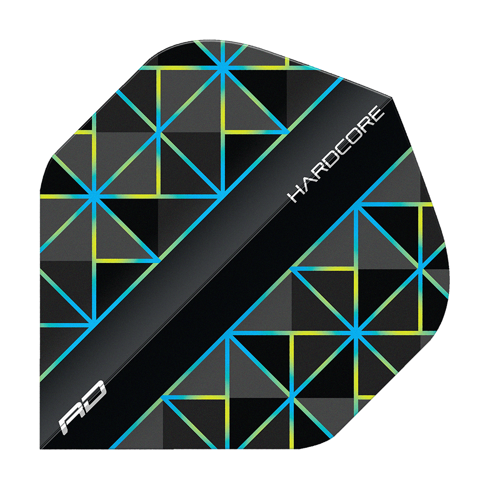 Red Dragon Hardcore Dragonfly 95 No2 Standard Flights Das Bild zeigt ein Dartflight mit geometrischem Muster in Blau, Gelb und Schwarz. Auf dem Flight steht das Wort "HARDCORE" und unten links ist das Logo "RD" zu sehen.