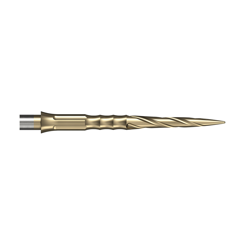 Mission Caliburn EVO System Steel Dart Tips - Spiro - Bez warg - Złoty - 28 mm Auf dem Bild ist eine goldfarbene Steeldartspitze mit spiralförmigem Design zu sehen. Es handelt sich um die Caliburn System Steeldartspitzen Spiro No Lip in 28 mm Länge.