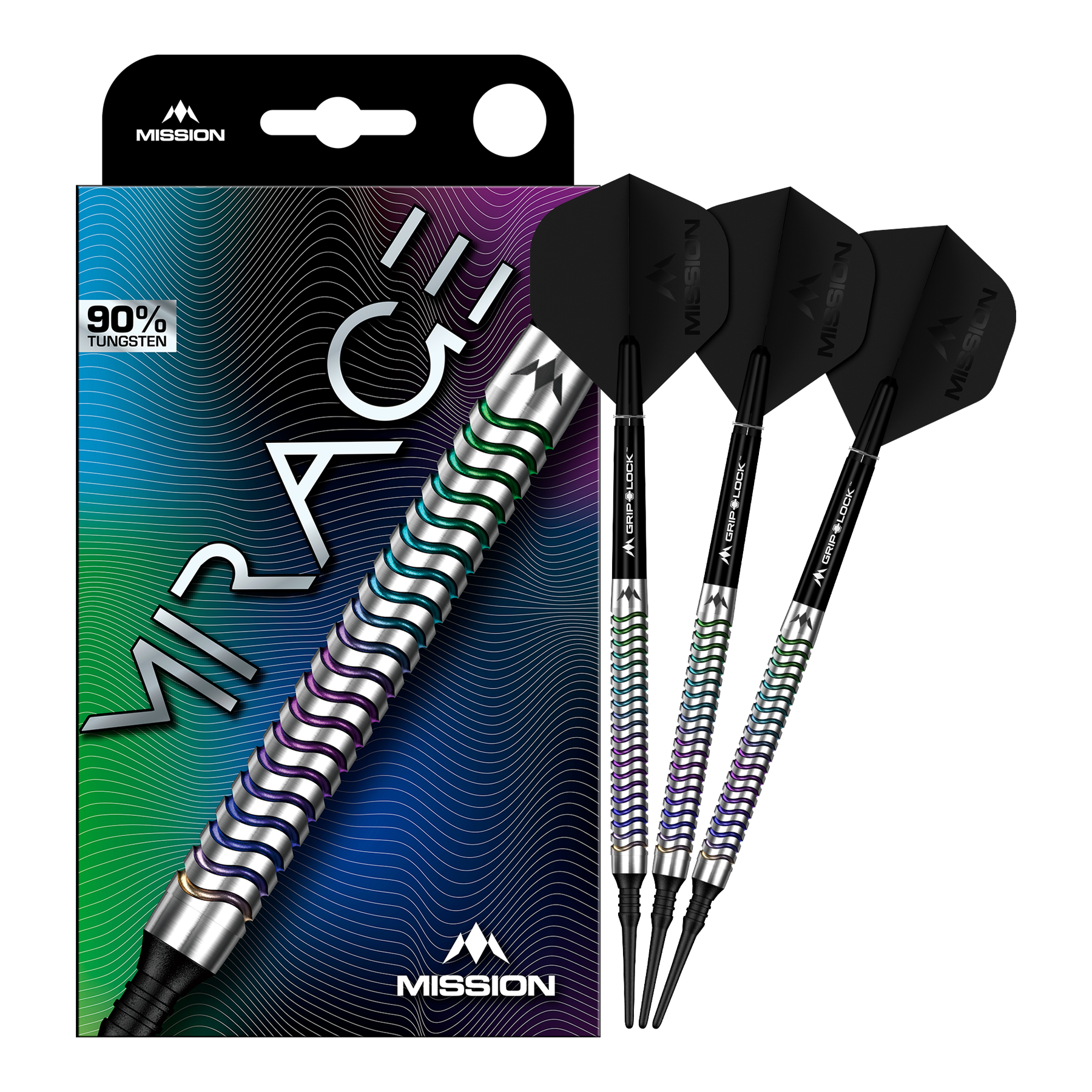 Mission Mirage Softdarts - 20g sind auf diesem Bild zu sehen. Das Bild zeigt die Darts in voller Ansicht.