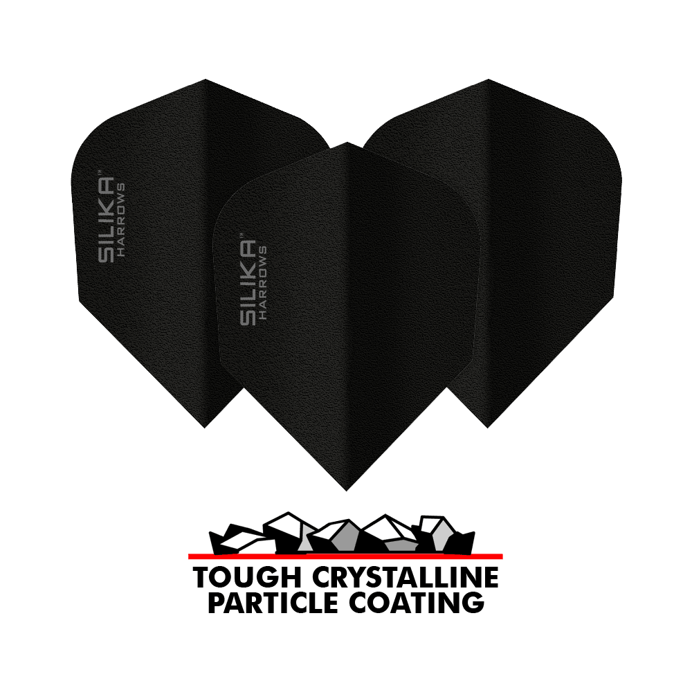 Harrows Solidna, wytrzymała, krystaliczna powłoka krzemionkowa, czarna, lot nr 6 Das Bild zeigt drei schwarze Dart-Flights der Marke Harrows Silika mit der Aufschrift "SILIKA HARROWS". Unter den Flights befindet sich ein Logo mit der Aufschrift "TOUGH CRYSTALLINE PARTICLE COATING".