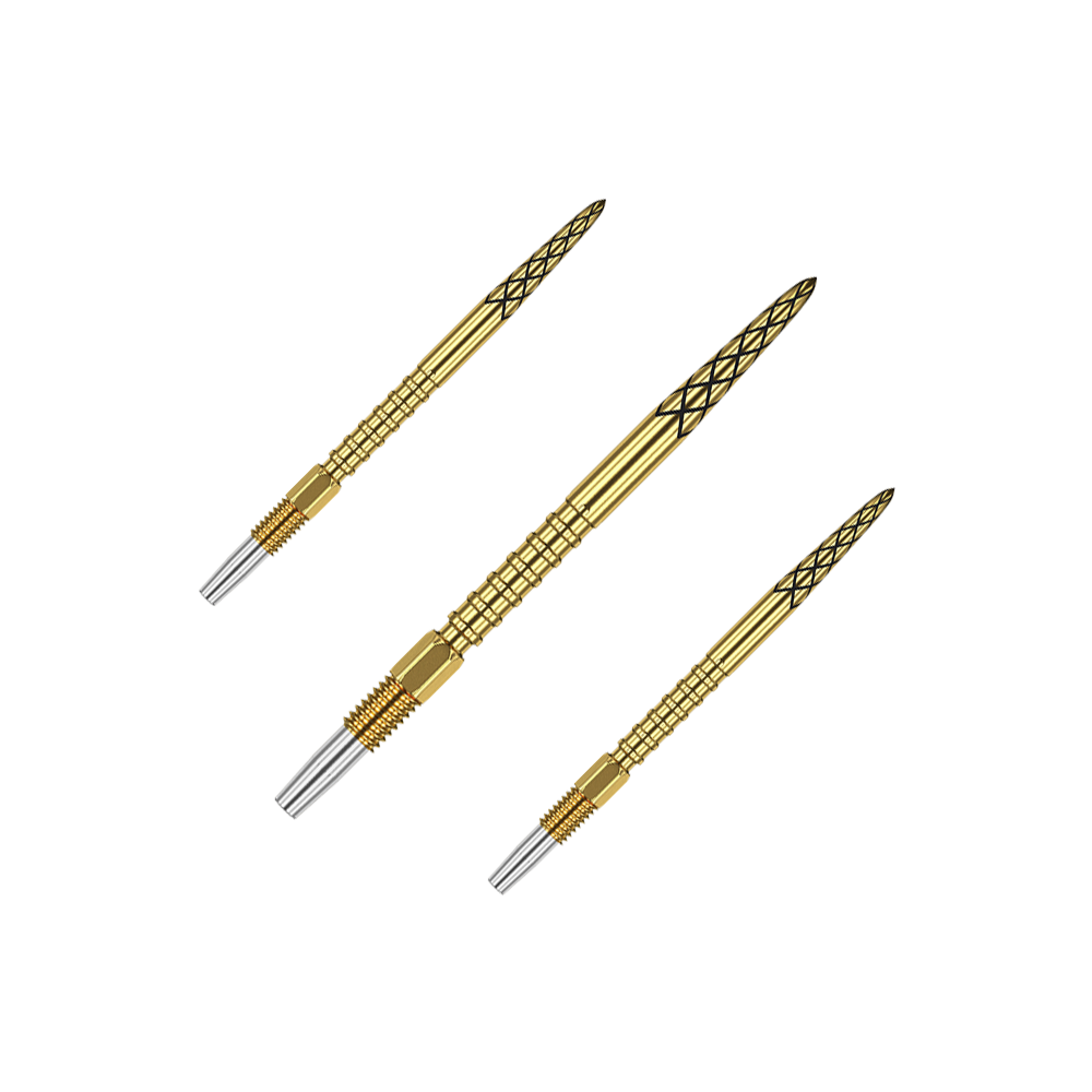 Das Bild zeigt drei goldene Dartspitzen mit silbernen Enden. Die Spitzen haben ein Rautenmuster und sind 30 mm lang.