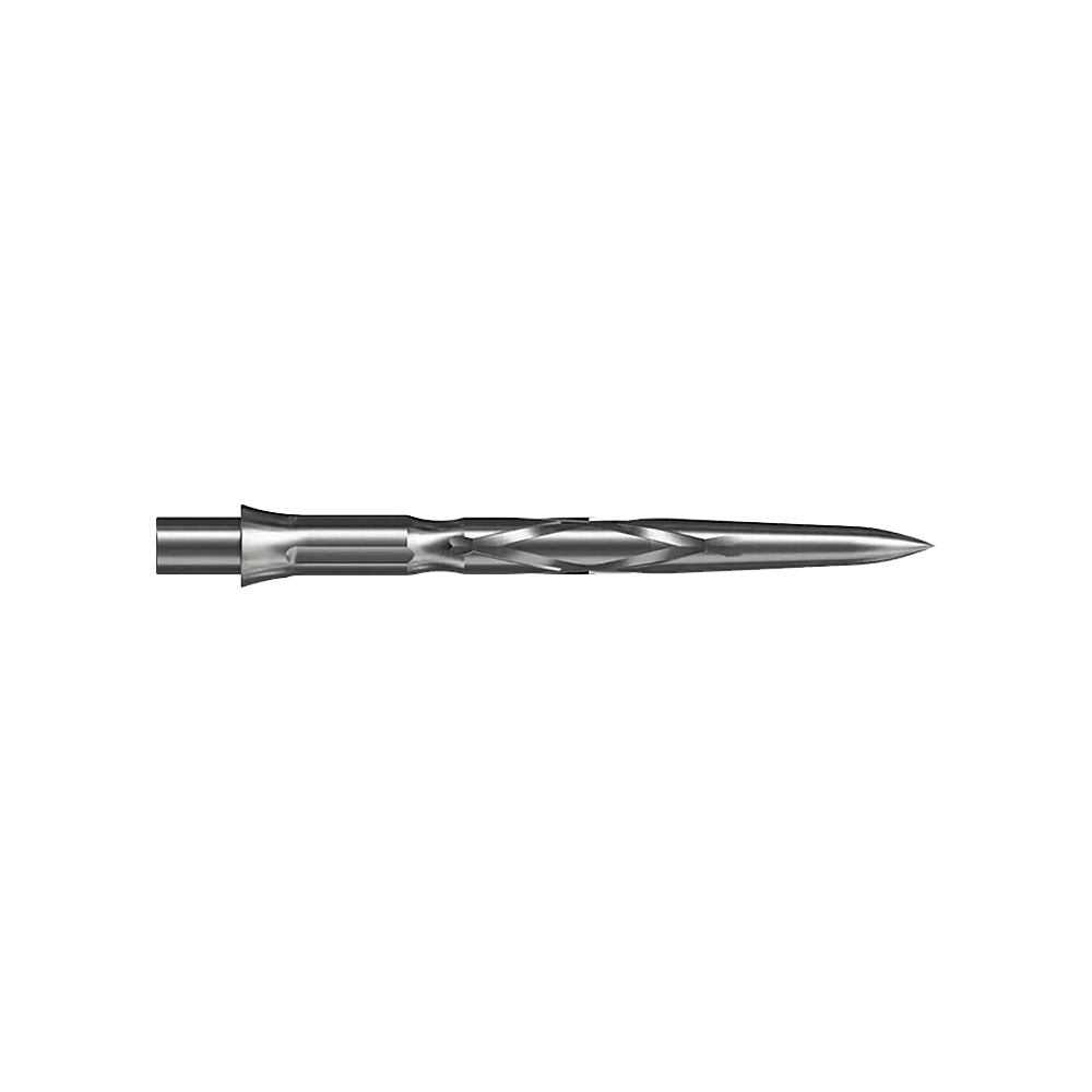Stalowe groty do lotek Caliburn System - HAN G2 - Srebrne Auf dem Bild ist eine silberne Steeldartspitze mit einem spiralförmigen Muster zu sehen. Sie ist schmal und hat eine spitz zulaufende Form.