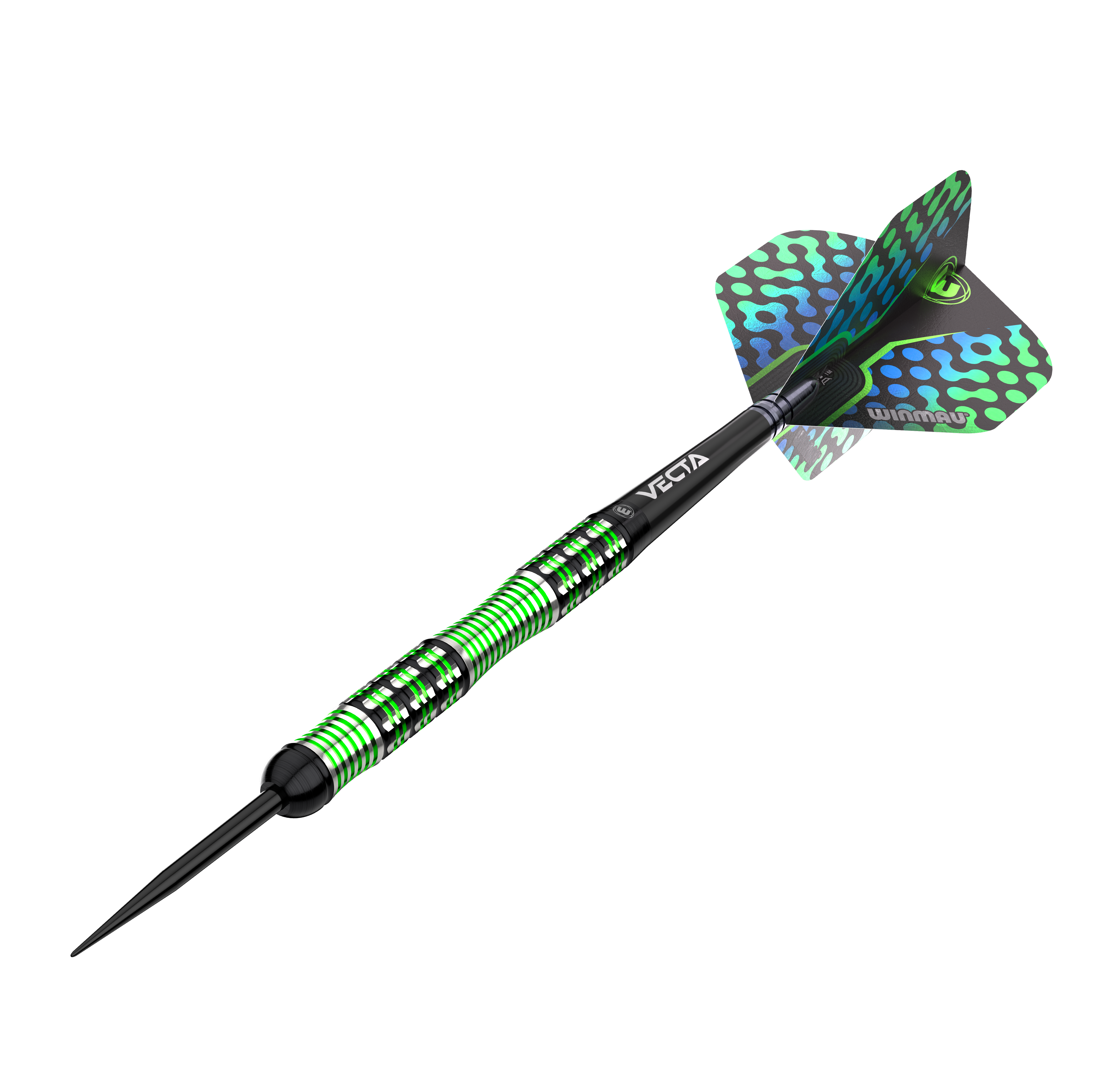 Stalowe lotki Winmau Brendan Dolan Das Bild zeigt einen Winmau Brendan Dolan Steeldart. Der Dart hat ein auffälliges Design mit grünen und schwarzen Akzenten.