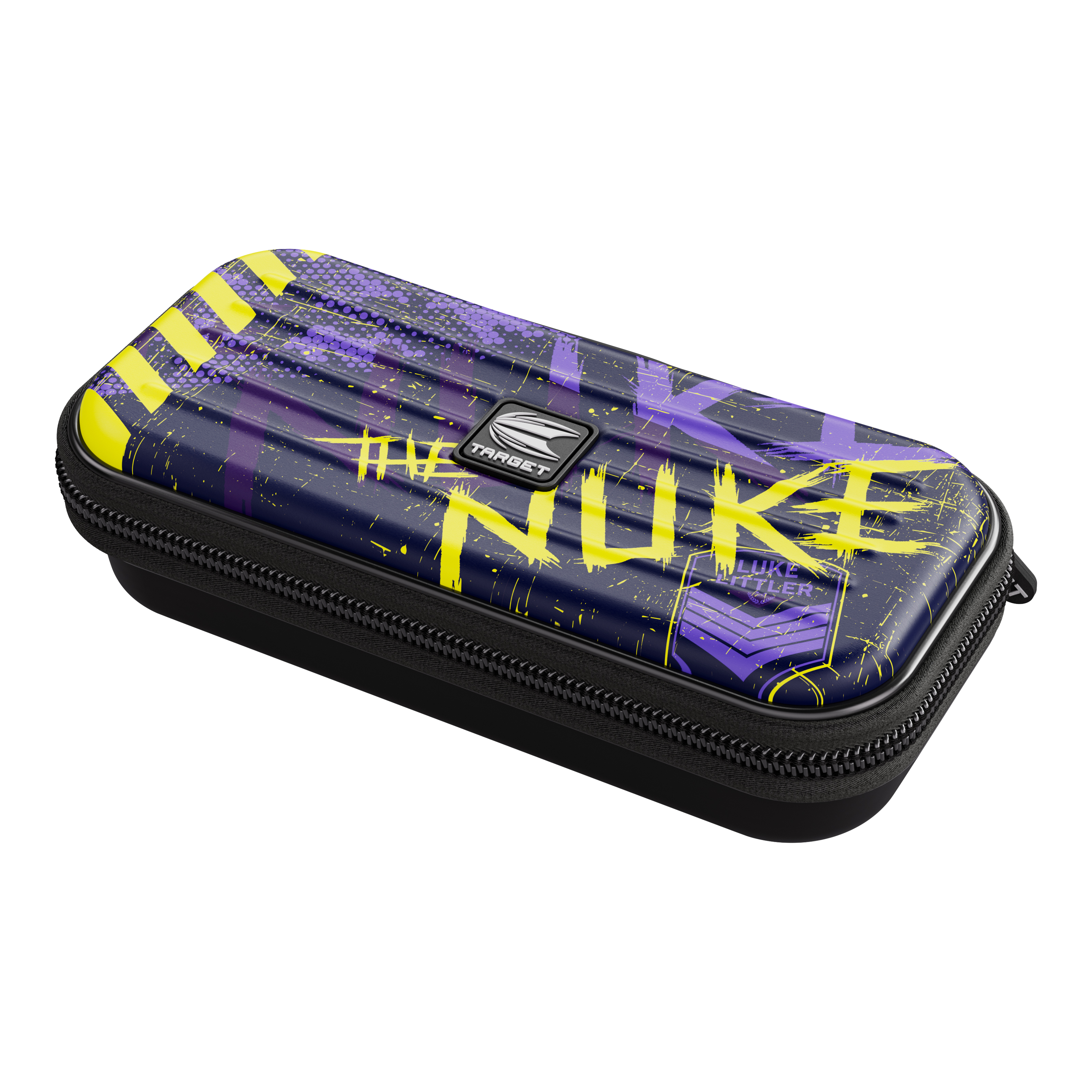 Etui na lotki Target Takoma Luke Littler Das Bild zeigt das Dartcase "Target Takoma Luke Littler" in dunklem Design mit gelben und violetten Akzenten. Auf dem Etui steht auffällig das Wort "NUKE" sowie der Name "Luke Littler".