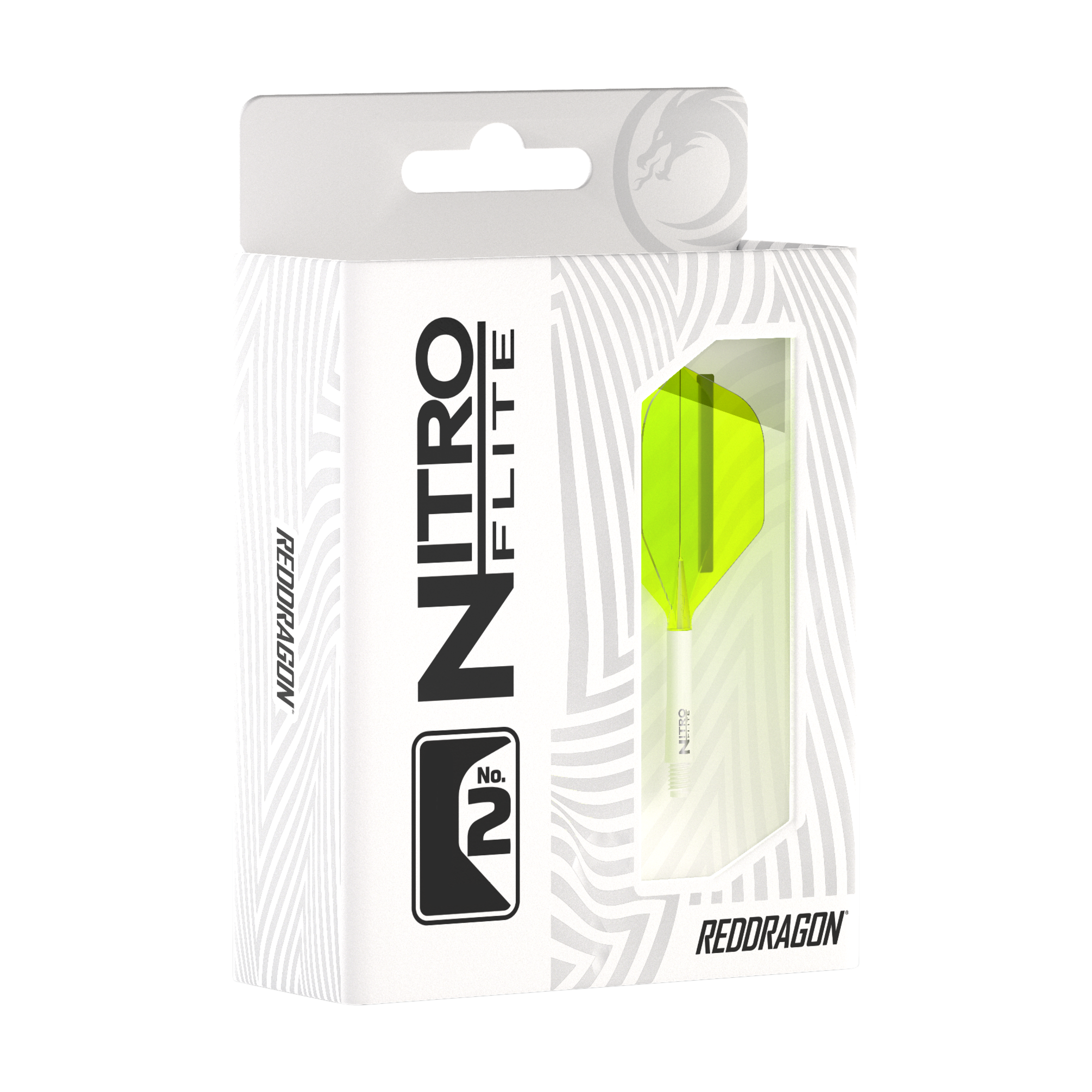 Die Abbildung zeigt eine Verpackung des Produkts "Red Dragon Nitroflite - White Shaft Yellow No2 Flights". In der Schachtel ist ein gelber Dart-Flügel mit weißem Schaft sichtbar.