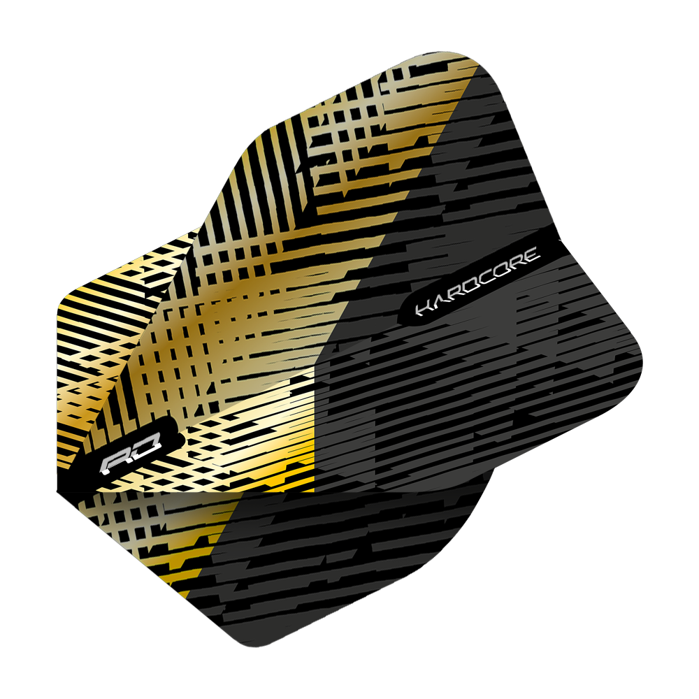 TF6832_Red_Dragon_Hardcore_Premium_Gold_Black_Fleck_Standard_Flights_21qJtqGGoE2Php Das Bild zeigt das Produkt "Red Dragon Hardcore Premium Gold Black Fleck Standard Flights." Das Design besteht aus goldenen und schwarzen Linien mit auffälligen Mustern.