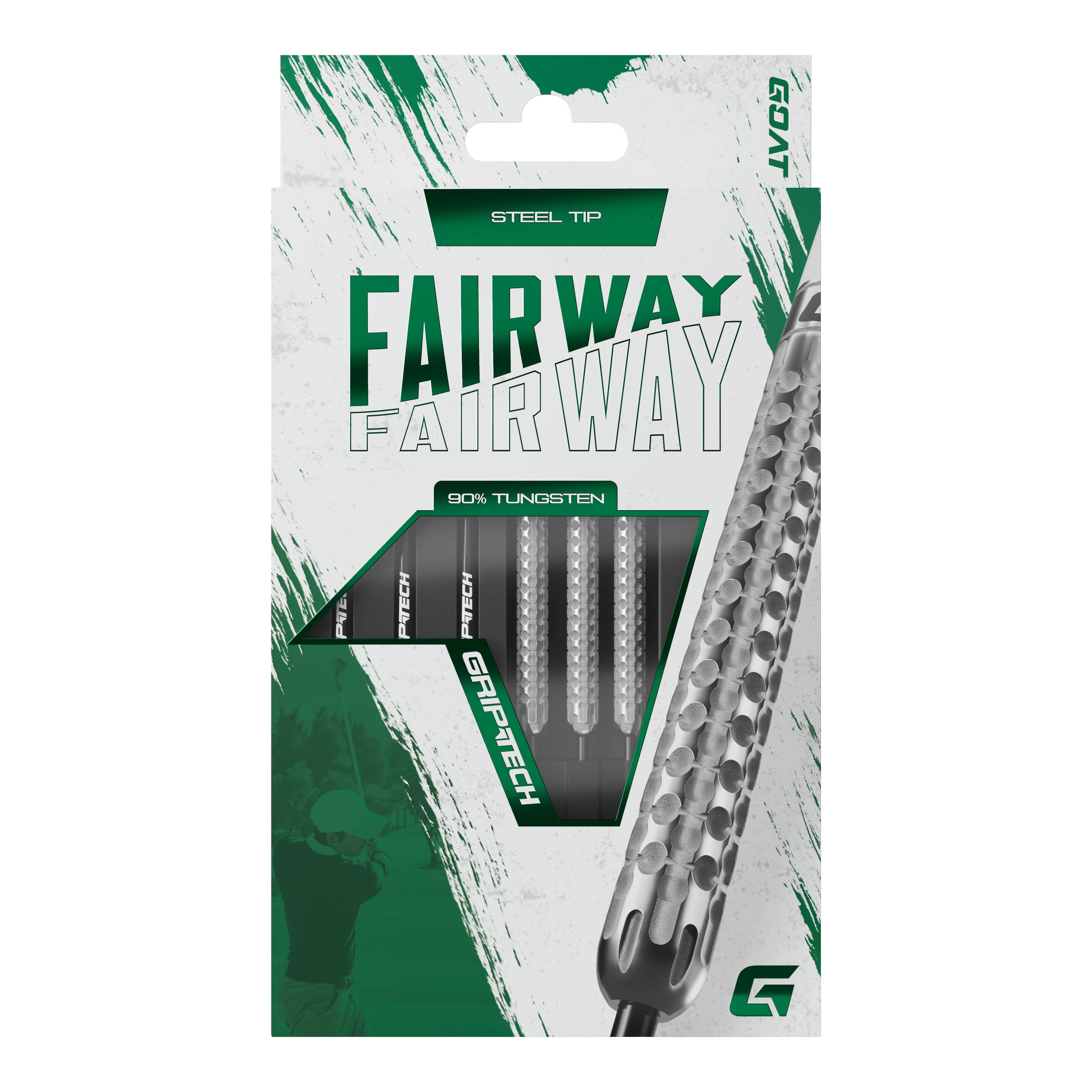 Lotki GOAT Fairway V1 ze stali wolframowej Die Abbildung zeigt eine Verpackung der GOAT Fairway V1 Tungsten Steeldarts. Die Darts haben eine Stahlspitze und bestehen zu 90% aus Tungsten.