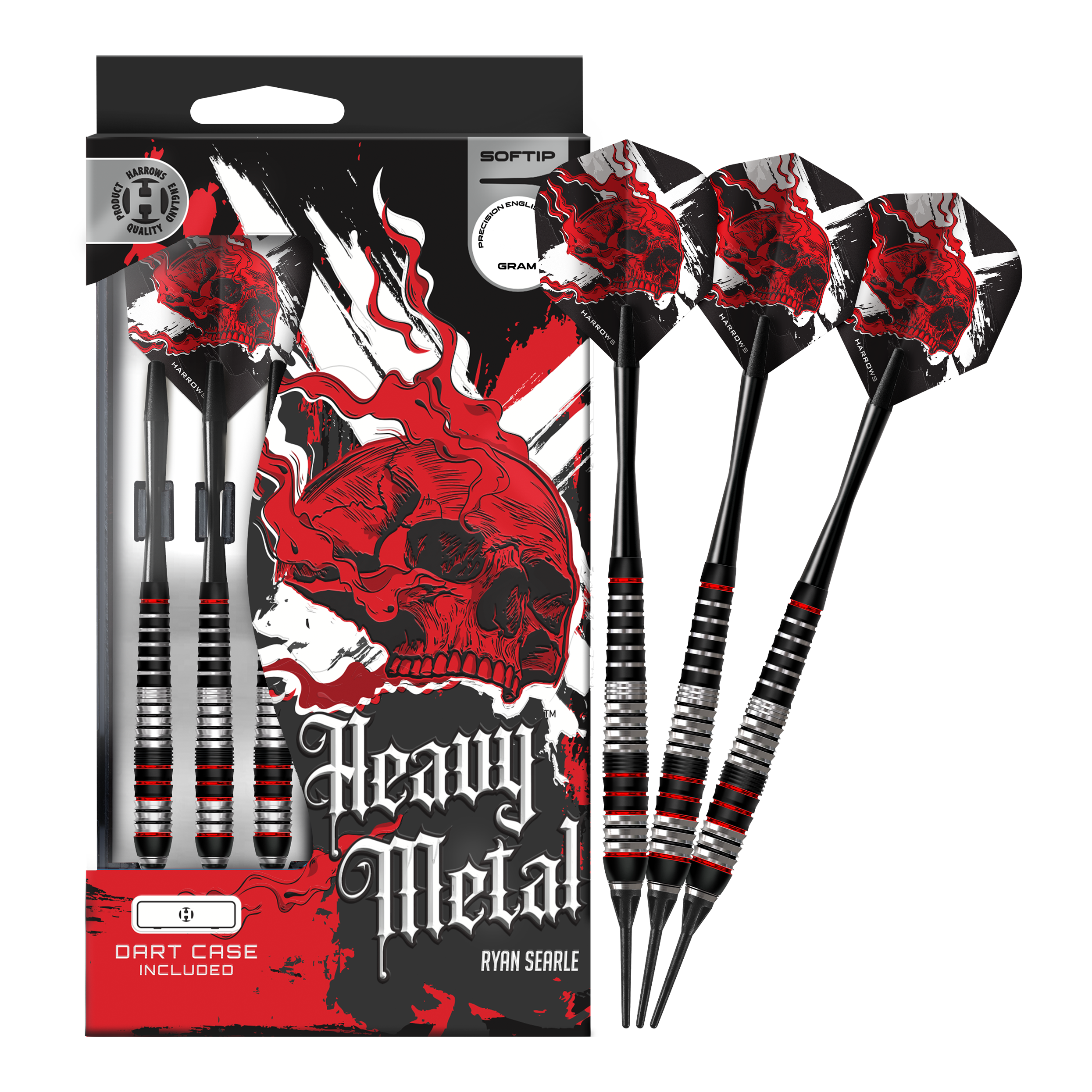 Das Foto zeigt die Harrows Heavy Metal Ryan Searle Brass Softdarts in voller Länge. Die Darts sind komplett abgebildet und liegen nebeneinander.