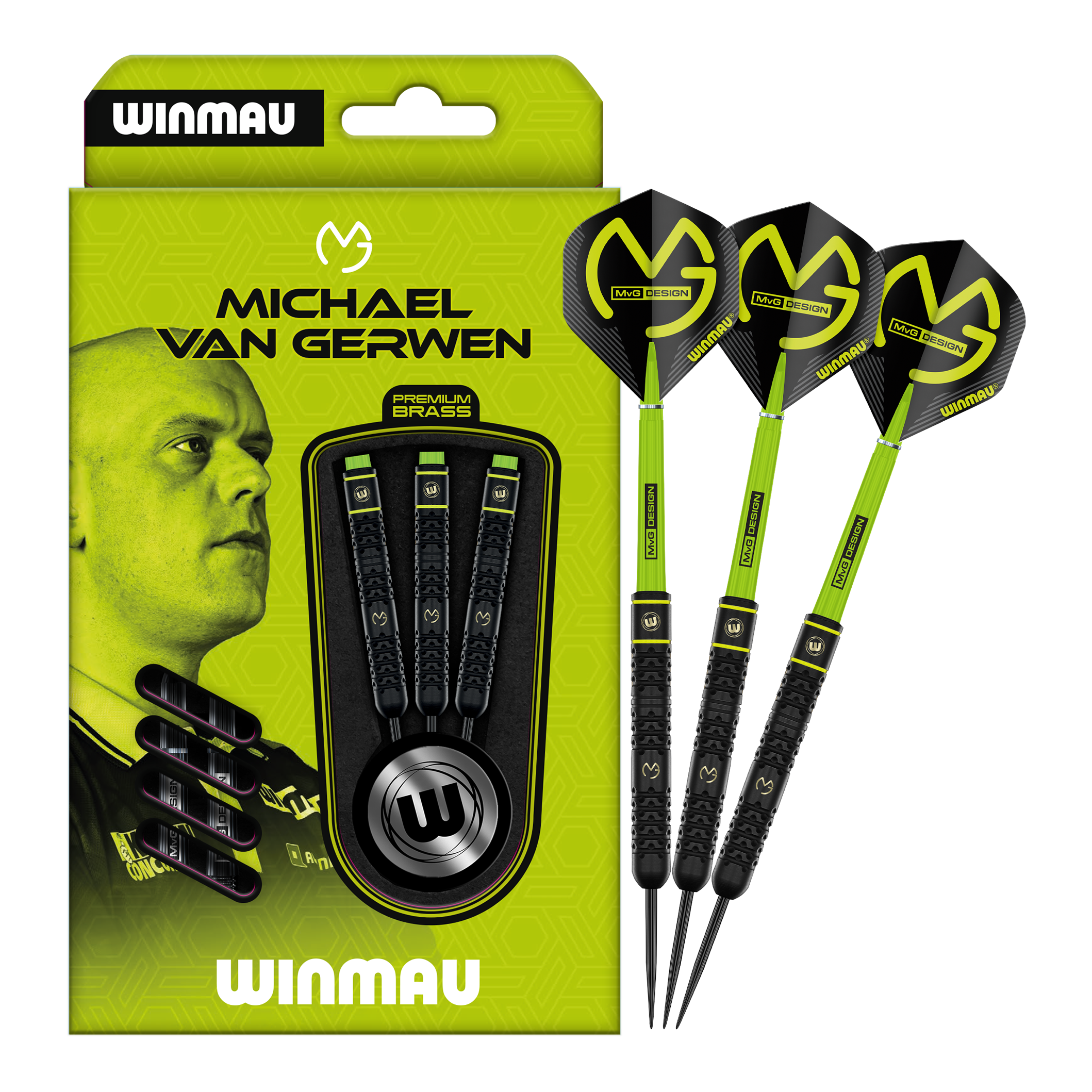 Winmau Michael Van Gerwen Mosiężne Steeldarty - 21g Zu sehen ist das Set Winmau Michael Van Gerwen Steeldarts mit 21 g. Diese Darts sind optimal zum Steeldart-Spielen geeignet.