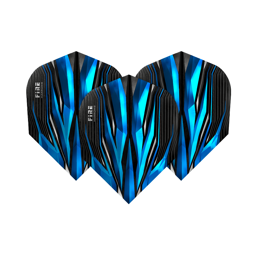 HR4_Harrows_Fire_Blue_Standard_Flights_1SZV9s7VZ9PrL2 Das Bild zeigt drei Dartflights des Modells "Harrows Fire Blue Standard". Sie haben ein auffälliges blau-schwarzes Design mit weißen und hellblauen Akzenten.