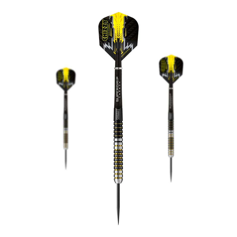 Stalowe lotki Chizzy firmy Harrow's Dave Chisnall Das Bild zeigt drei Steeldarts des Modells "Harrows Dave Chisnall Chizzy". Die Darts sind schwarz-gelb gestaltet und haben die Aufschrift "CHIZZY" auf den Flights.