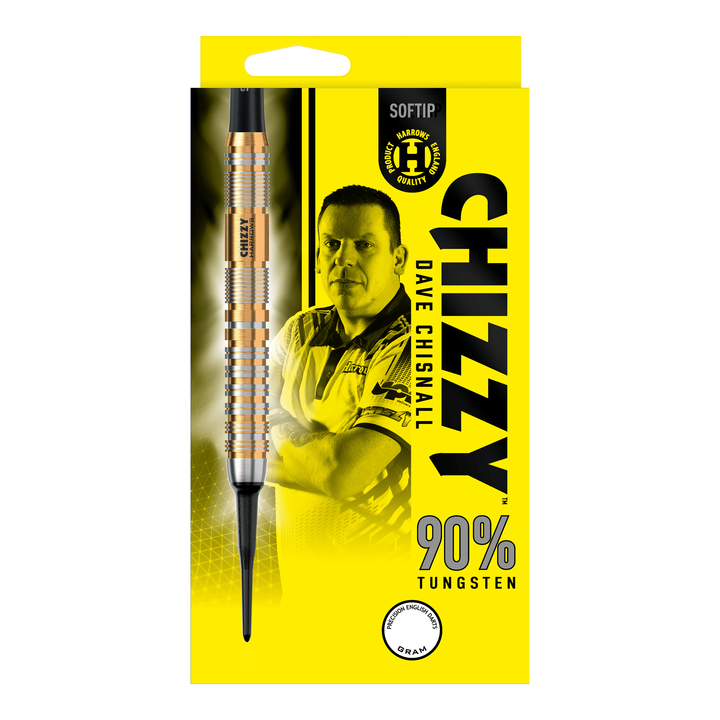 Miękkie rzutki Harrow's Dave Chisnall Chizzy Series 2 Die Verpackung zeigt die "Harrows Dave Chisnall Chizzy Series 2 Softdarts" mit einem Bild von Dave Chisnall. Auf der gelben Schachtel steht, dass die Darts aus 90% Tungsten bestehen.