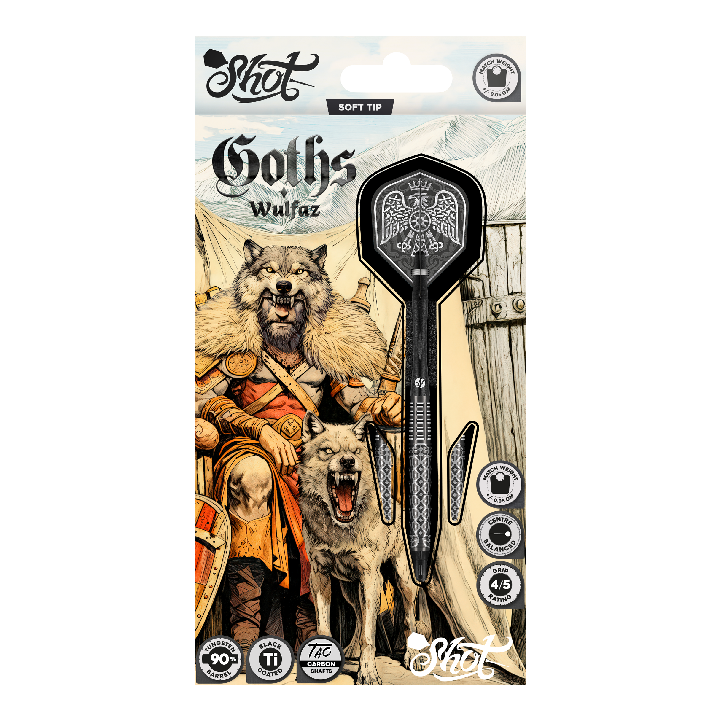 Miękkie lotki Shot Goths Wulfaz - 20g Auf dem Bild sind die Shot Goths Wulfaz Softdarts mit 20g Gewicht zu sehen. Das moderne Design sorgt für ein optimales Dartspiel.