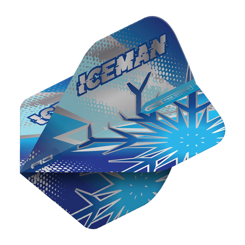 Red Dragon Gerwyn Price Niebieski Płatek No2 Standardowe Loty Das Bild zeigt die Dartflights „Red Dragon Gerwyn Price Blue Flake No2 Standard Flights“ in Blau mit Eiskristall-Design. Auf den Flights steht groß das Wort „ICEMAN“.