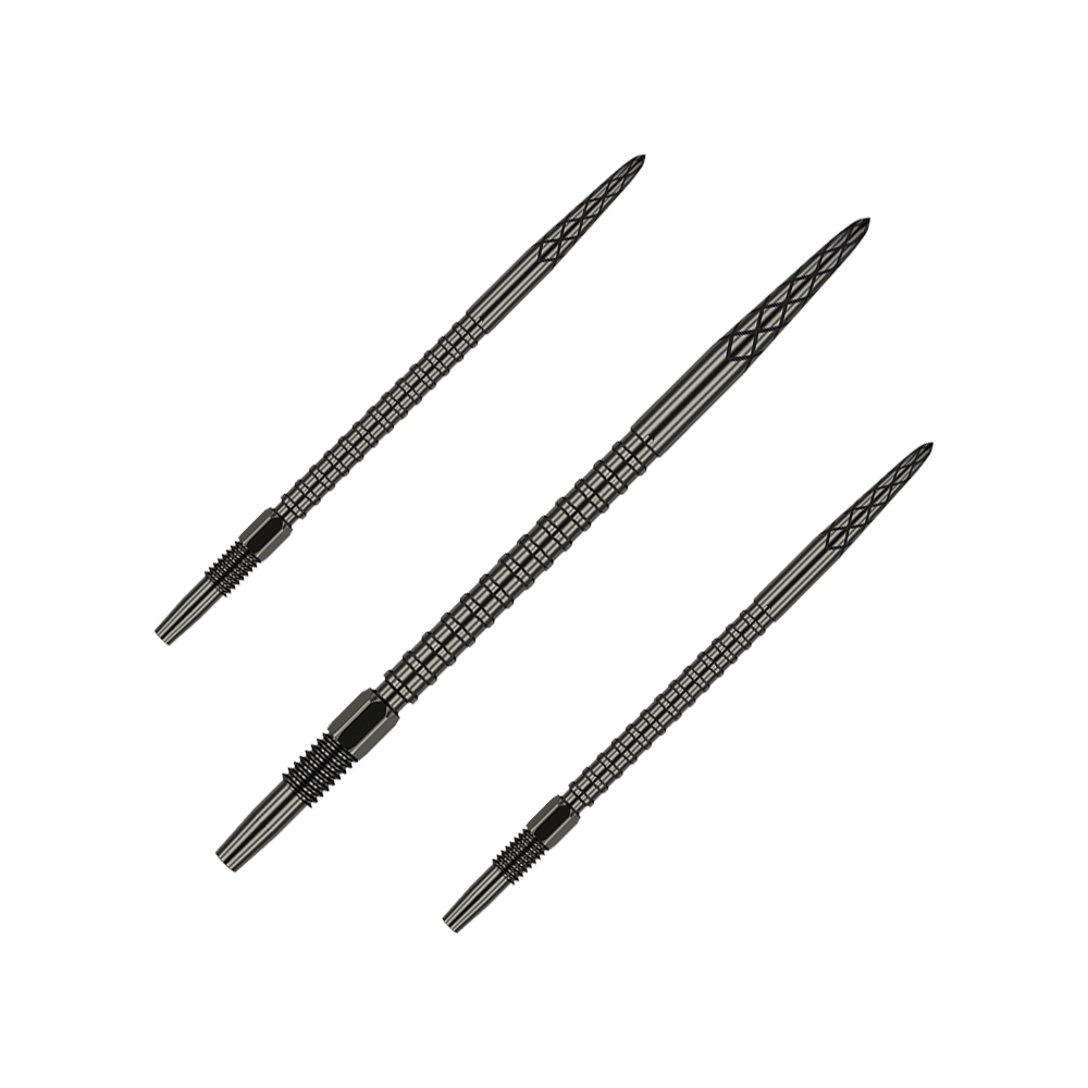 Groty do lotek Target Swiss DS Surge Point - czarne Das Bild zeigt drei schwarze Dartspitzen mit feinen Rillen und Mustern. Sie sind nebeneinander auf einem grünen Hintergrund angeordnet.