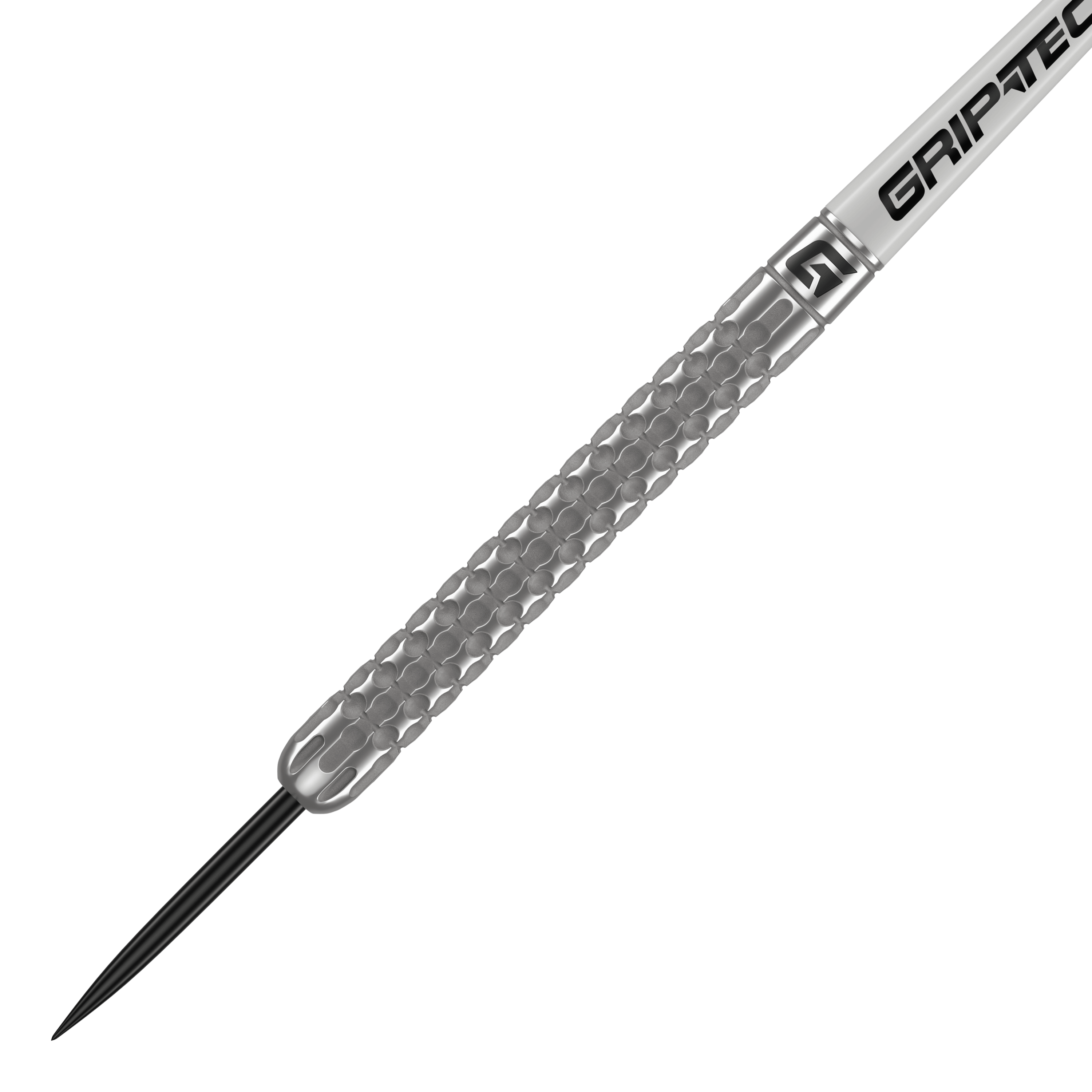 Lotki GOAT Fairway V1 ze stali wolframowej Das Bild zeigt einen GOAT Fairway V1 Tungsten Steeldart. Der Dart hat eine silberne, strukturierte Oberfläche und eine schwarze Spitze.