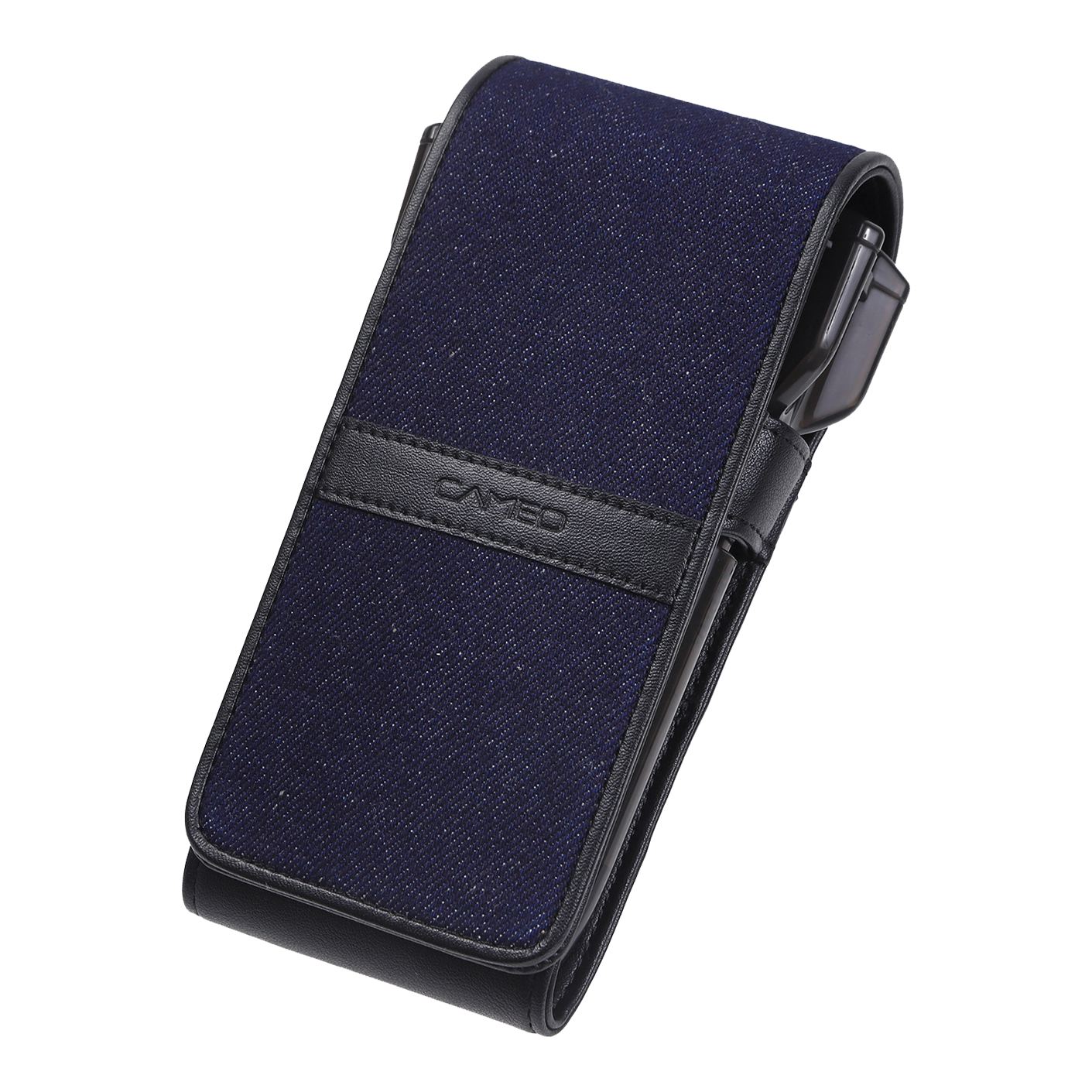 Das Bild zeigt ein elegantes Dartcase in Navyblau mit schwarzen Akzenten. Das Etui hat einen modernen Look und trägt den Schriftzug "Cameo" auf der Vorderseite.